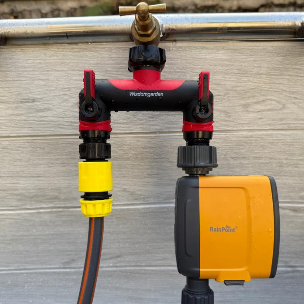 Detalle 2 de Wisdomgarden Hose Splitter 2 Way with 3/4" Standard Connection and 1/2" Adapter (ABS) – Practical Twin Outlets for Garden, Washing Machine, and Timers