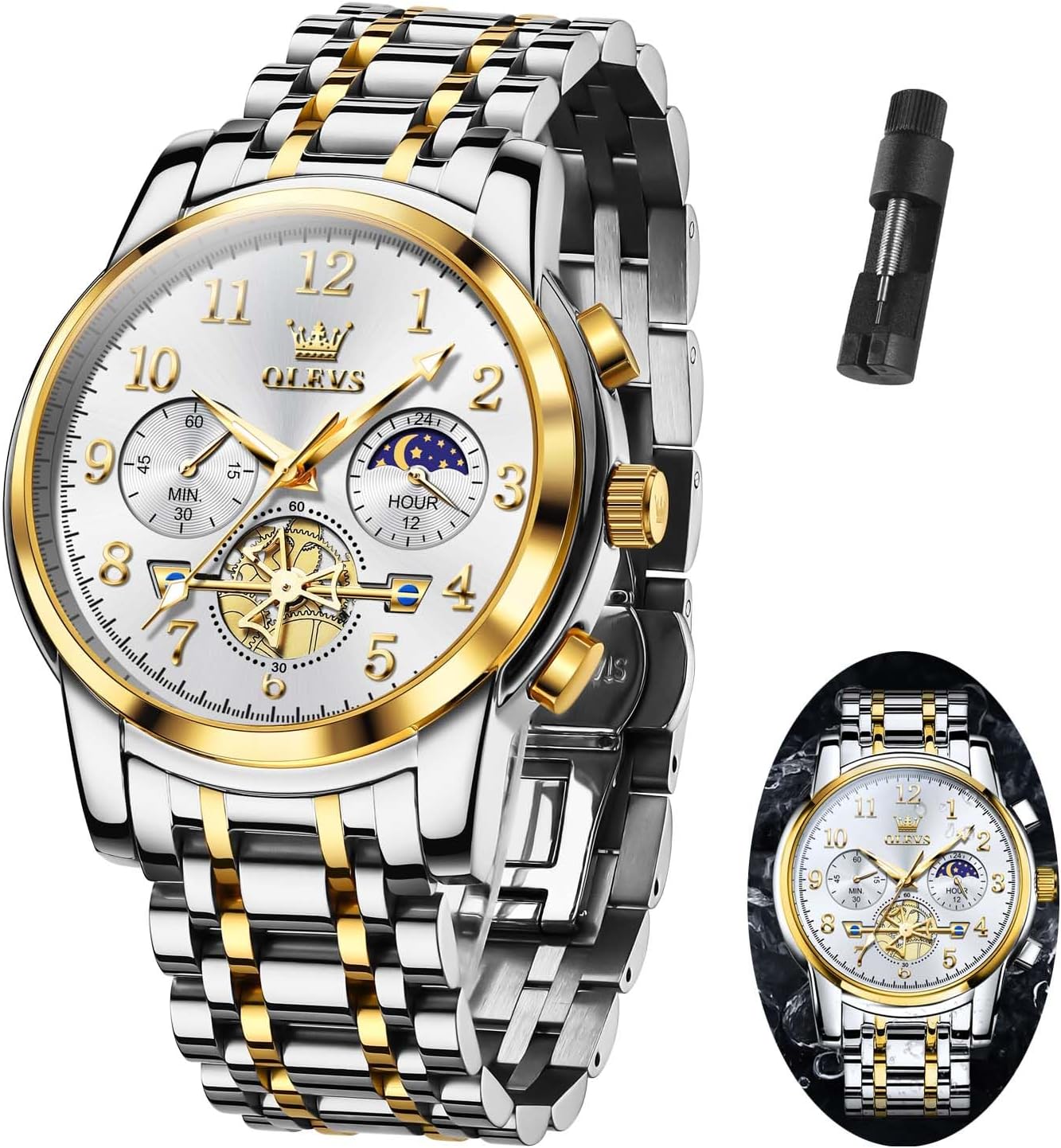 Detalle de OLEVS YKS-S-G2900GJ-JJB-CA Men's Chronograph Watch, Stainless Steel, Large Dial