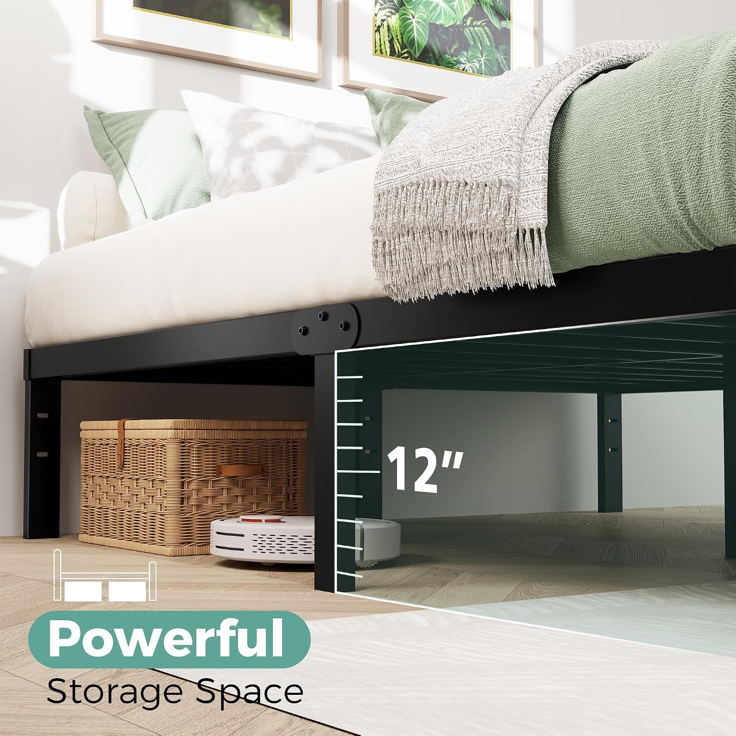 Detalle 2 de Awesofurni King Size Bed Frame, 14-Inch Metal Platform with Underbed Storage