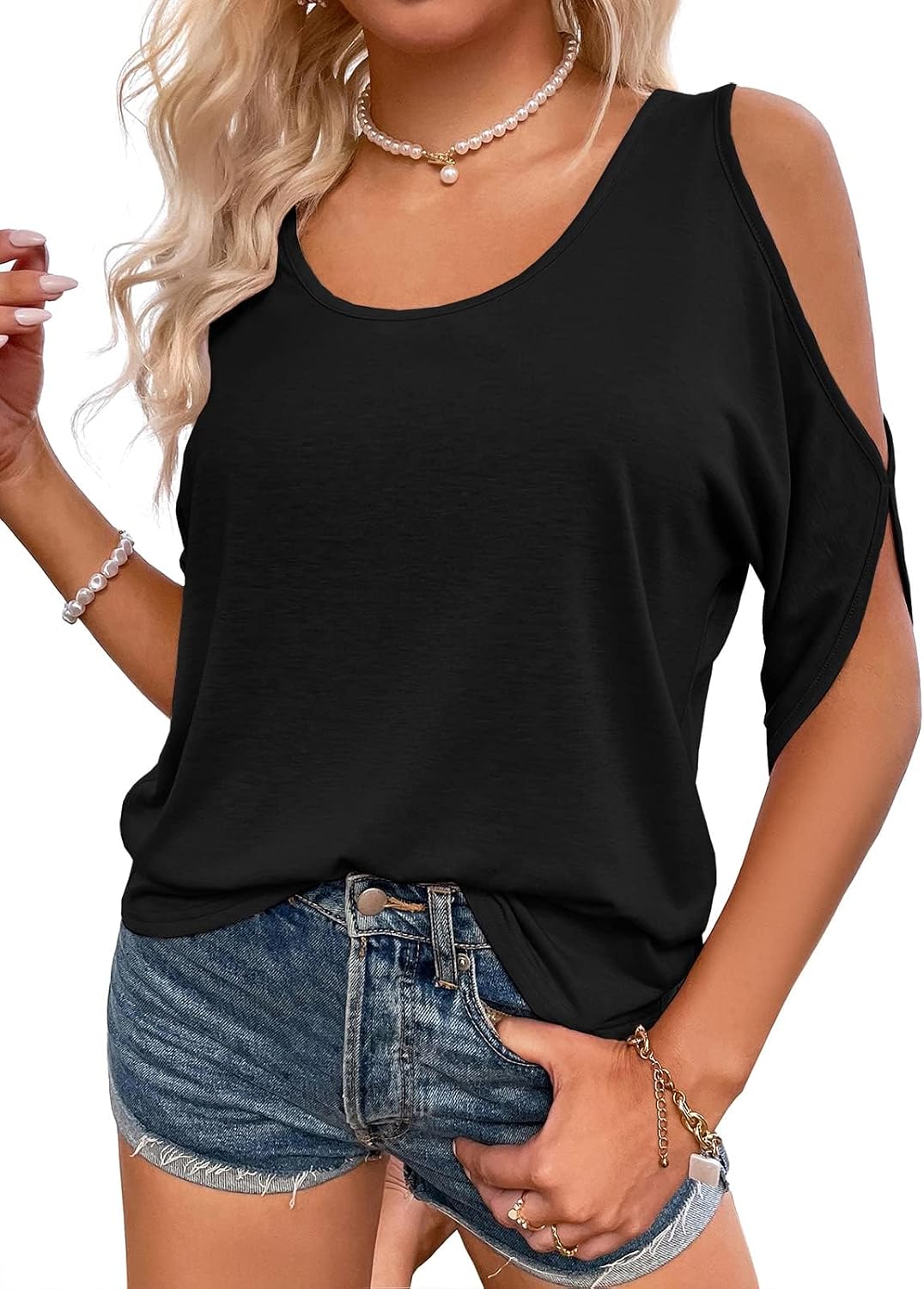 Detalle de Fisoew Damen Sommer-Oberteil: Cold-Shoulder U-Ausschnitt, locker sitzend, kurze Ärmel