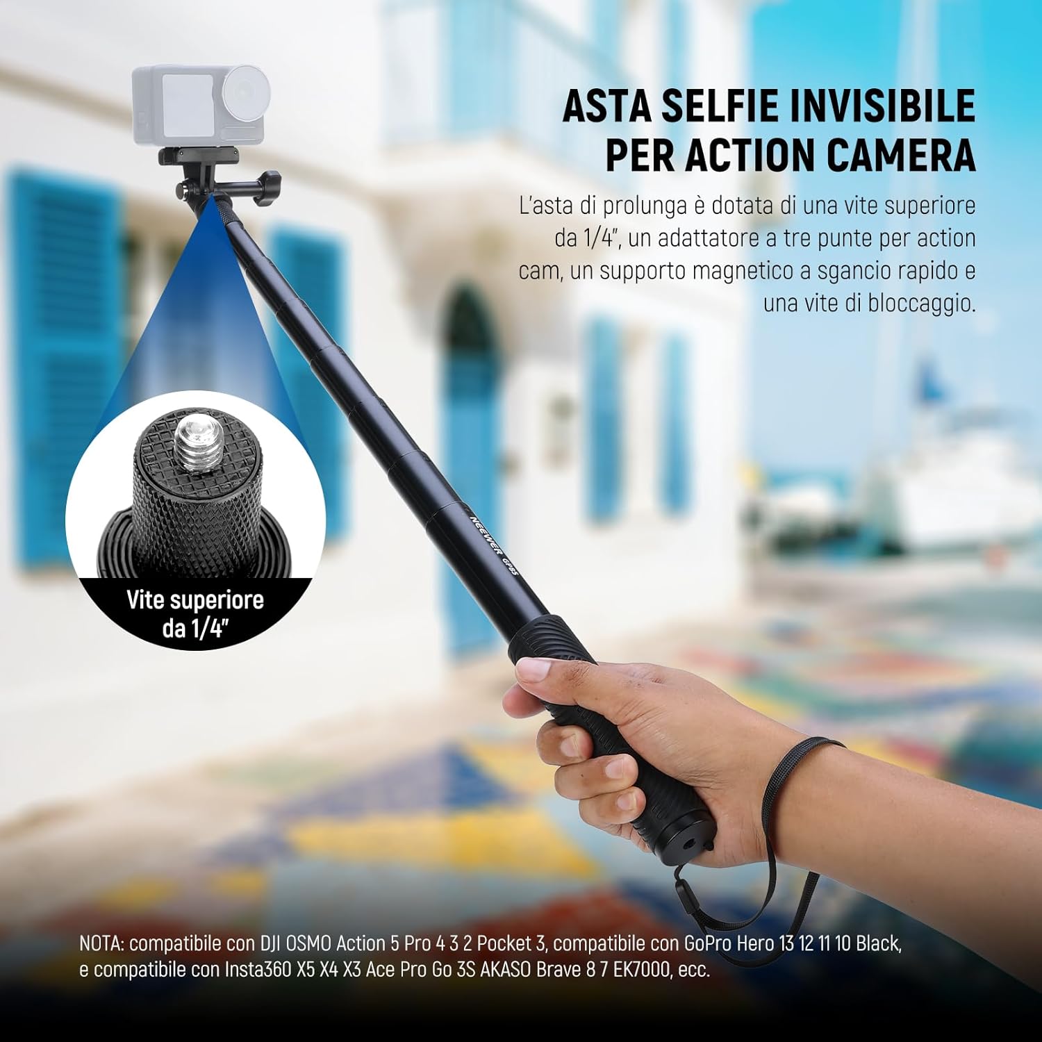 Thumbnail 1 de NEEWER GP-85 Kit asta di prolunga per action cam con selfie stick invisibile 121 cm e supporto magnetico a sgancio rapido