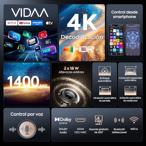 Detalle de TOPTRO Proyector 4K A2 con VIDAA: cine en casa y exterior con sonido Dolby y control por voz