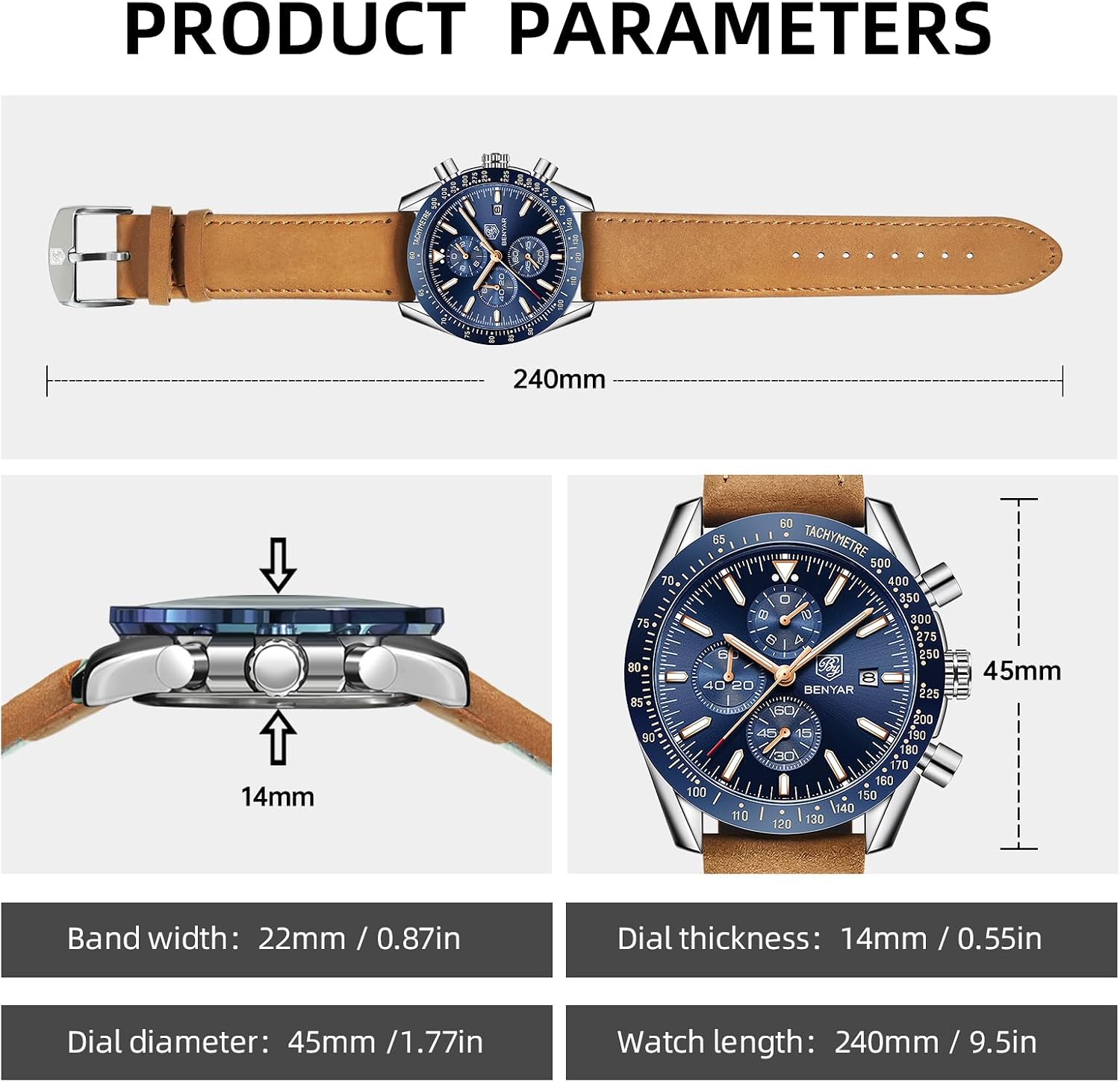Detalle de BENYAR Montre Homme Étanche Analogique Quartz Chronographe – Grand Cadran 45mm, Leather et Daté