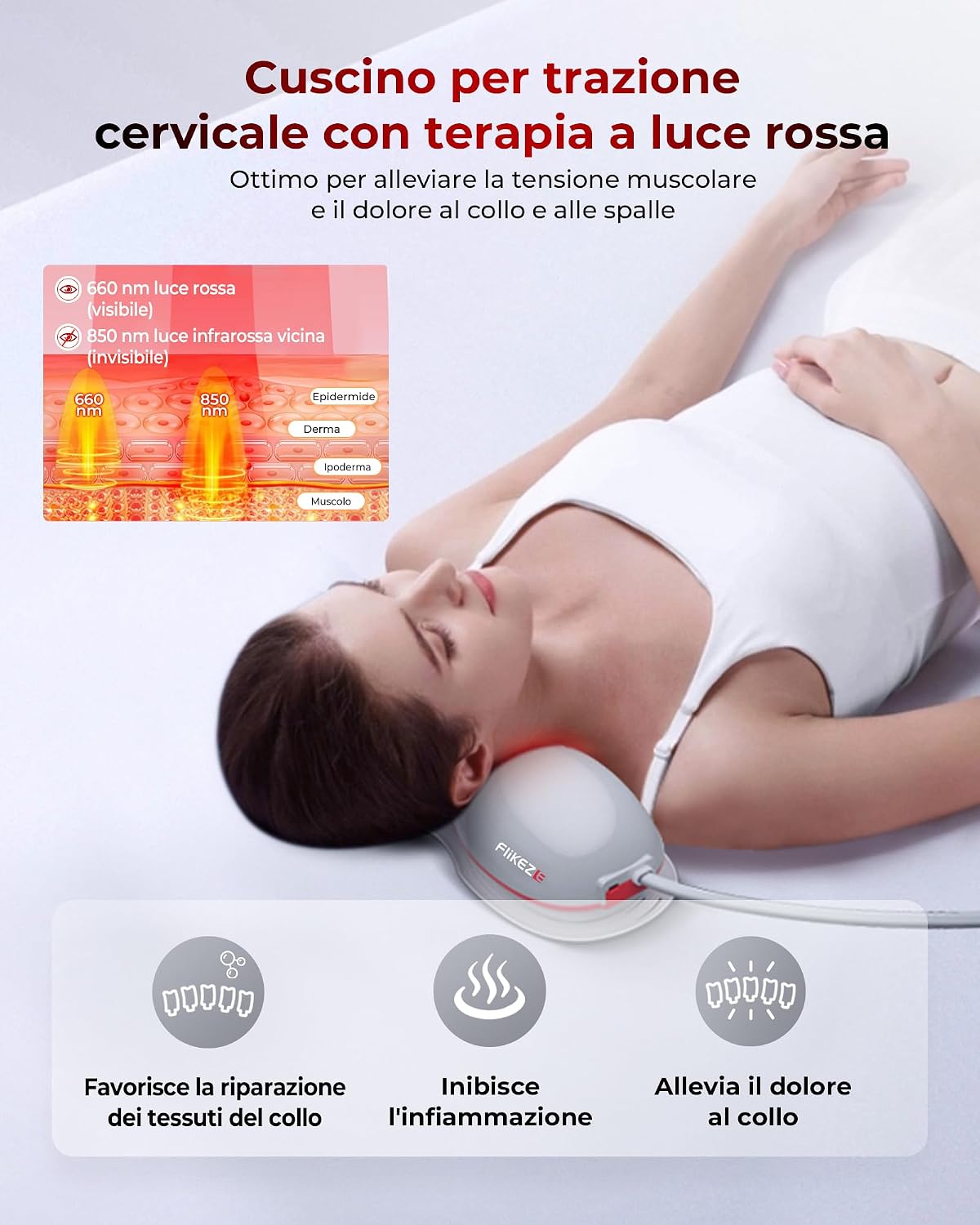 Detalle de Flikeze Raddrizzatore per il collo con terapia a luce rossa: trazione, calore e massaggio a casa