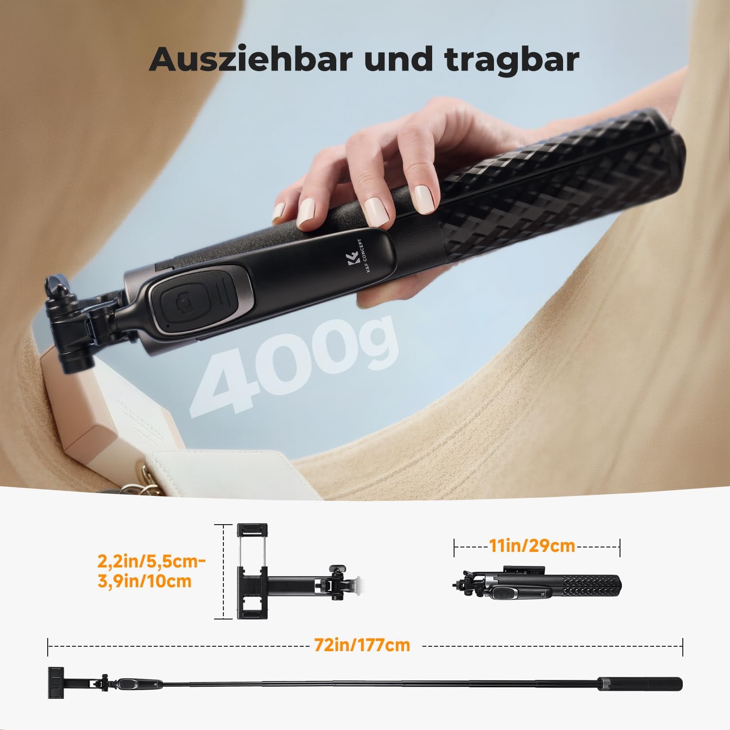 Detalle 2 de K&F CONCEPT Selfie Stick 180 cm Selbstausfahrend – Vierbein-Stabilität, 360°-Klemme und Bluetooth Fernbedienung