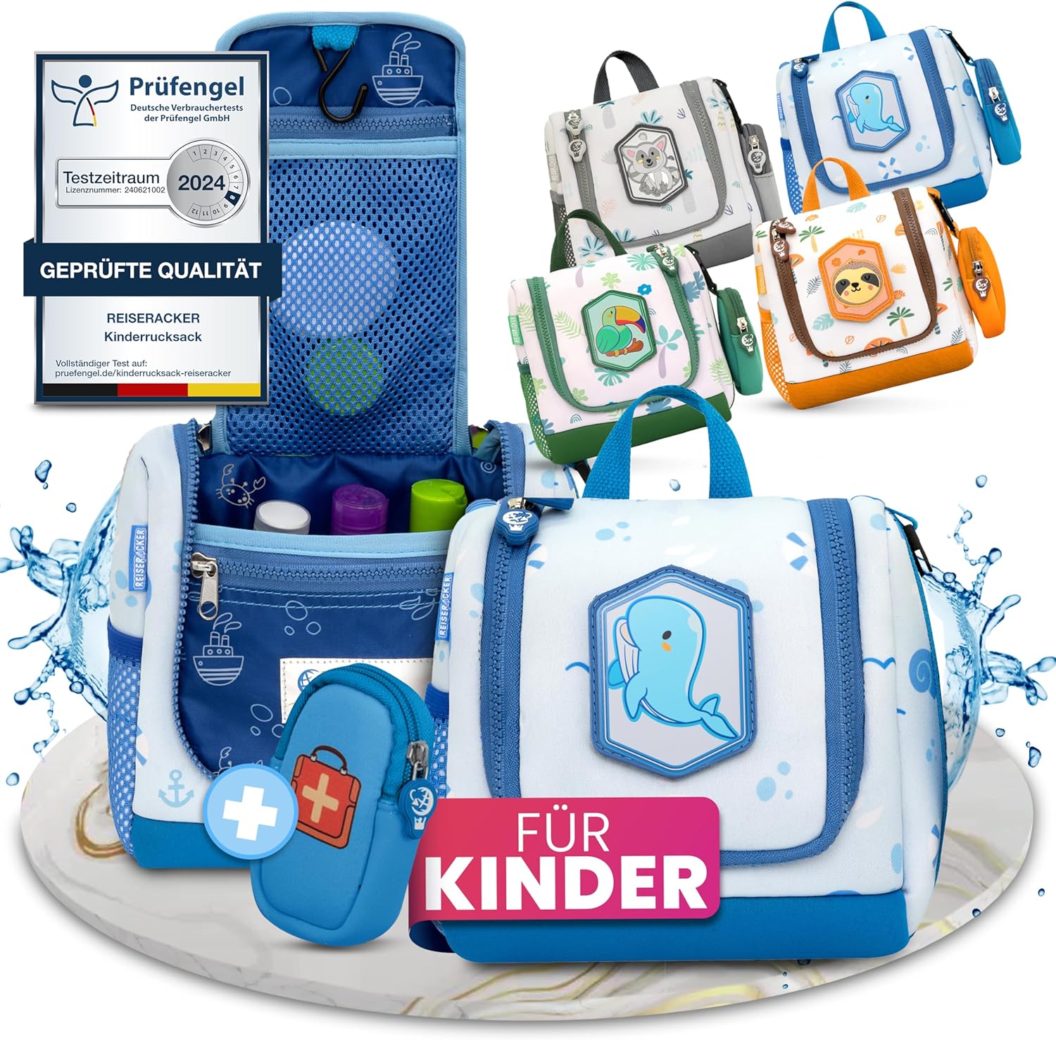 Detalle de REISERACKER Kinder-Kulturbeutel zum Aufhängen inkl. Medi-Tasche – Kulturtasche für Jungen und Mädchen