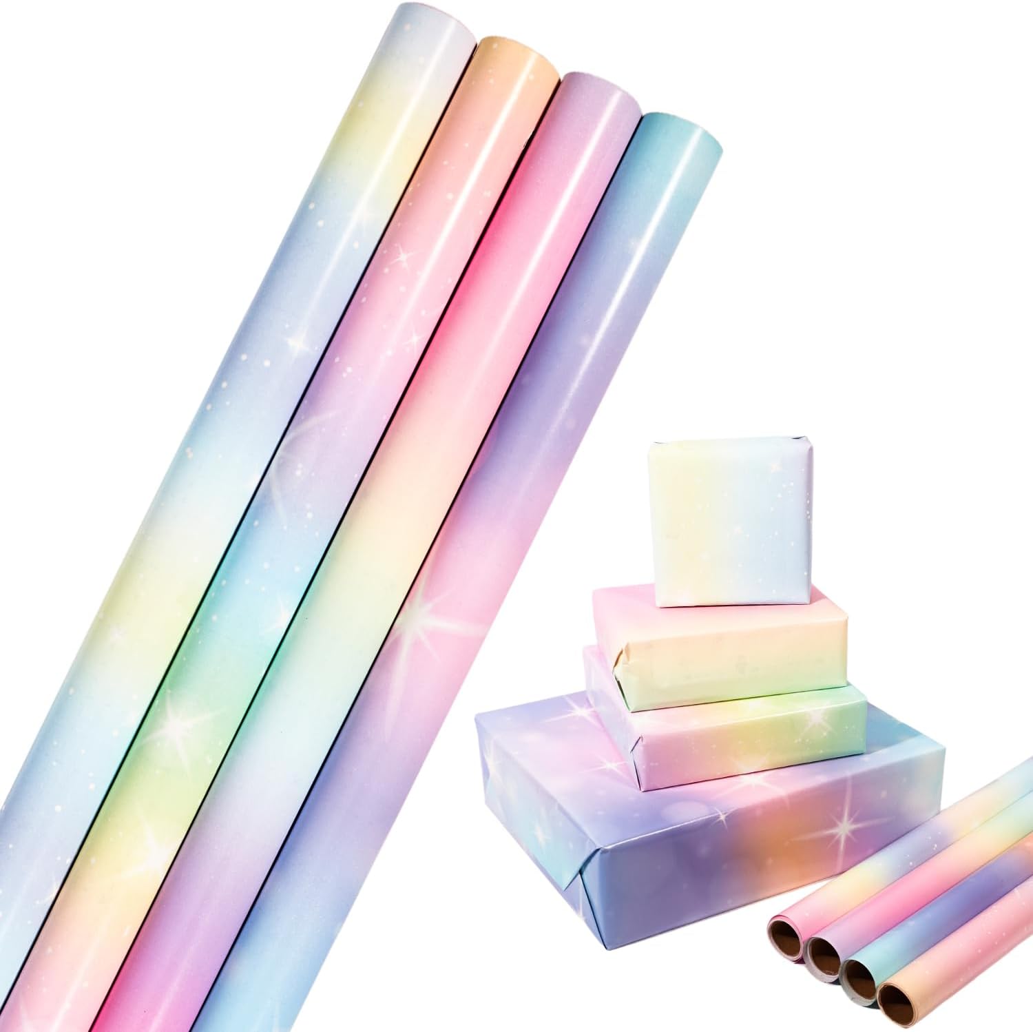 HBell Rainbow Wrapping Paper Roll — 4 Rolls of 43cm x 3m Pastel Rainbow Designs