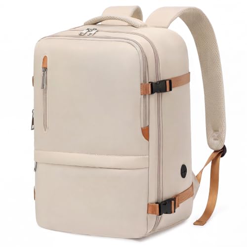 Detalle de VMIKIV mochila de viaje 24 L beige claro con apertura 180° y bolsillo antirrobo