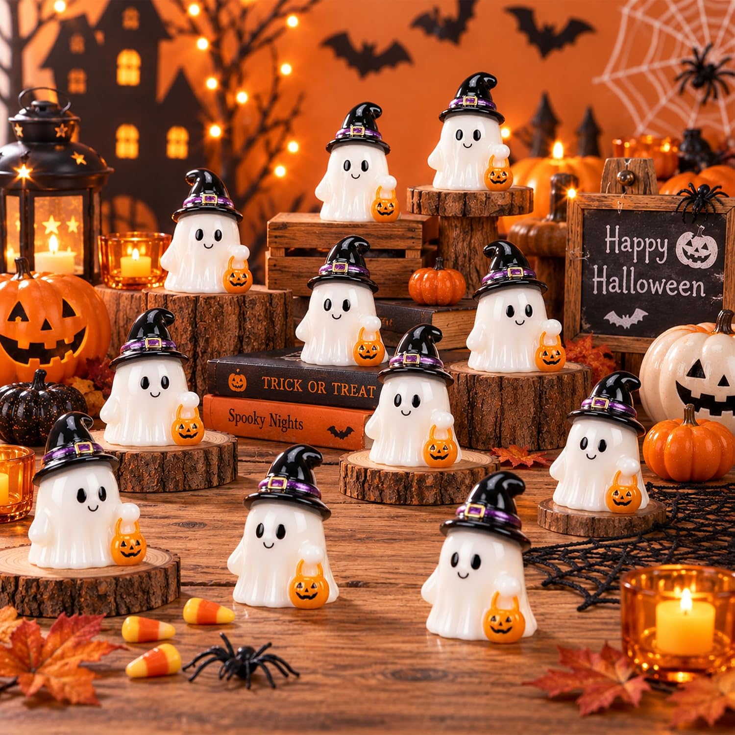 Detalle de 80-Piece Halloween Mini Resin Ghost Figurines with Witch Hats and Pumpkins