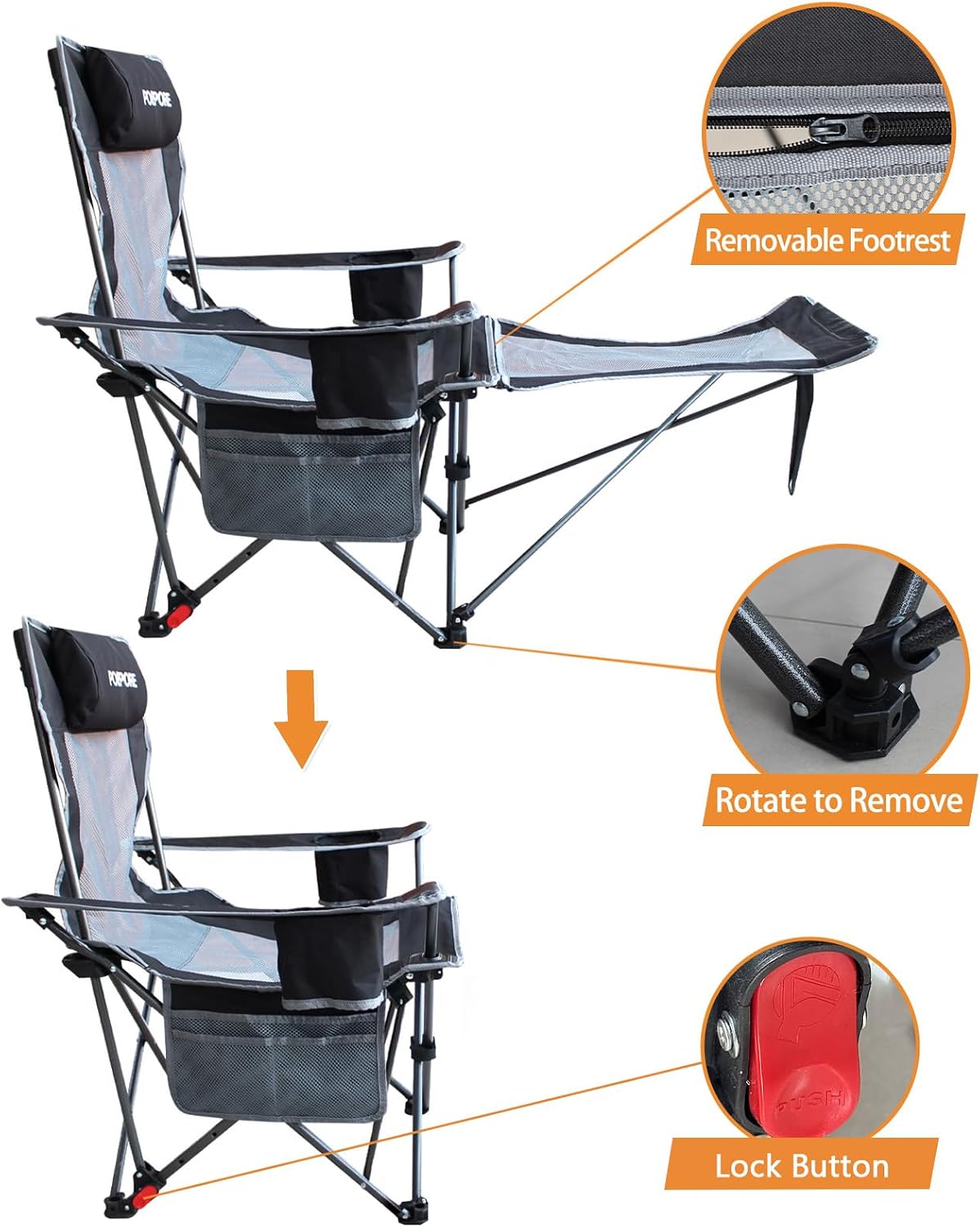 Thumbnail 6 de POEPORE Reclining Camping Chair 4-Position with Foot Rest – Deluxe Folding Lounger