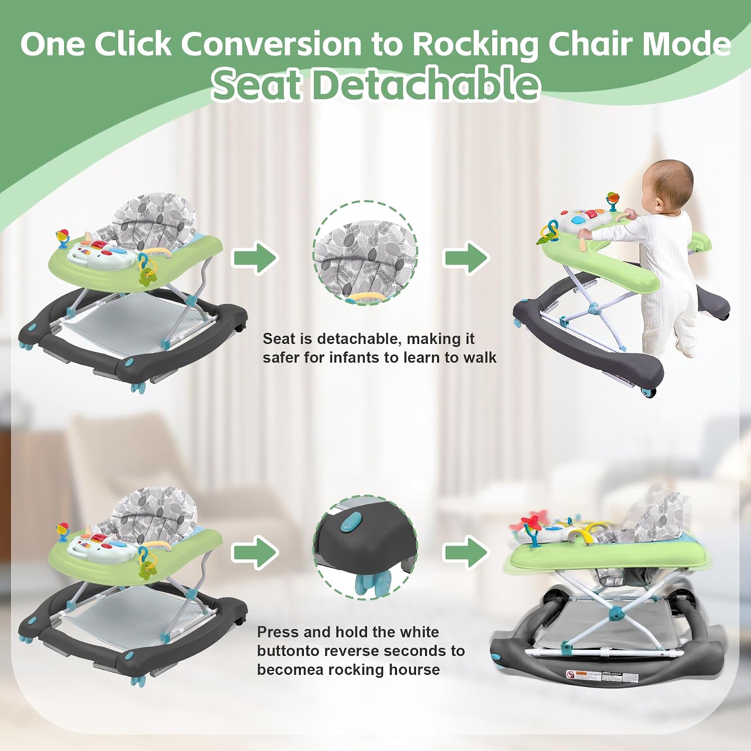 Detalle 1 de Pawtong 5-in-1 Baby Walker in Green with 3-Position Height Adjustment