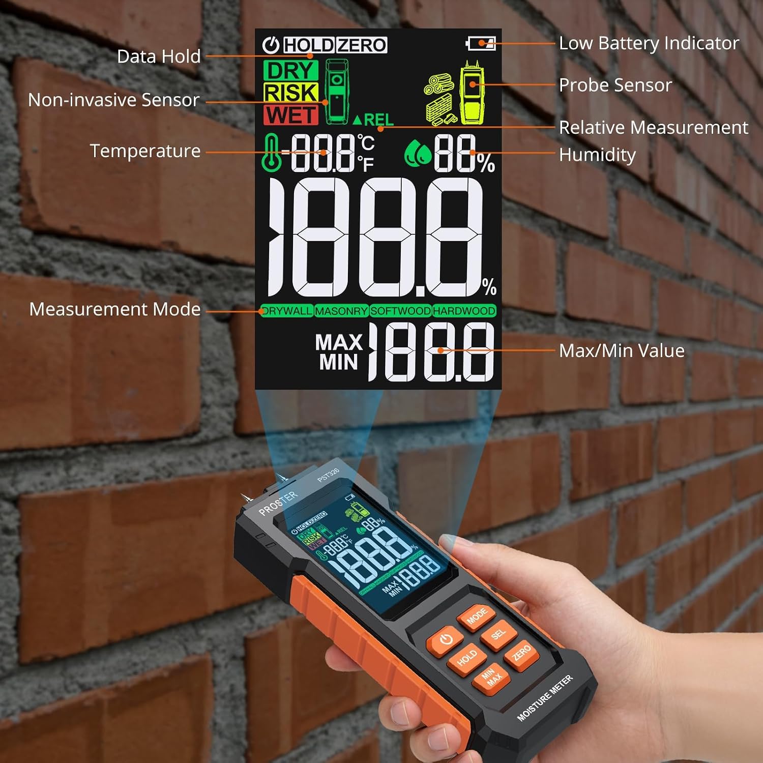 Thumbnail 4 de Proster PST326 2-in-1 Moisture Meter with Pin and Non-Invasive Modes