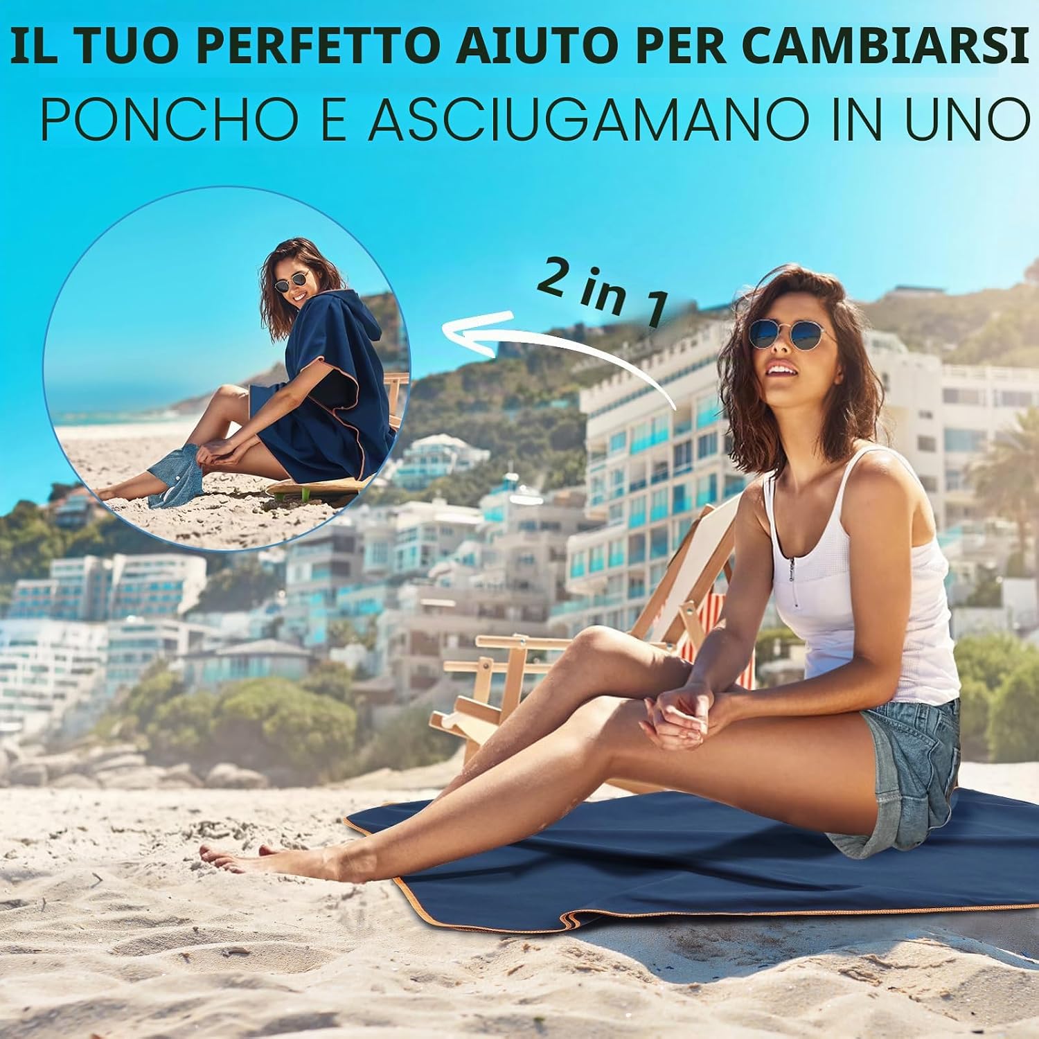 Detalle 2 de Poncho da bagno in microfibra per uomo e donna – 110x90 cm, asciugamano poncho blu scuro