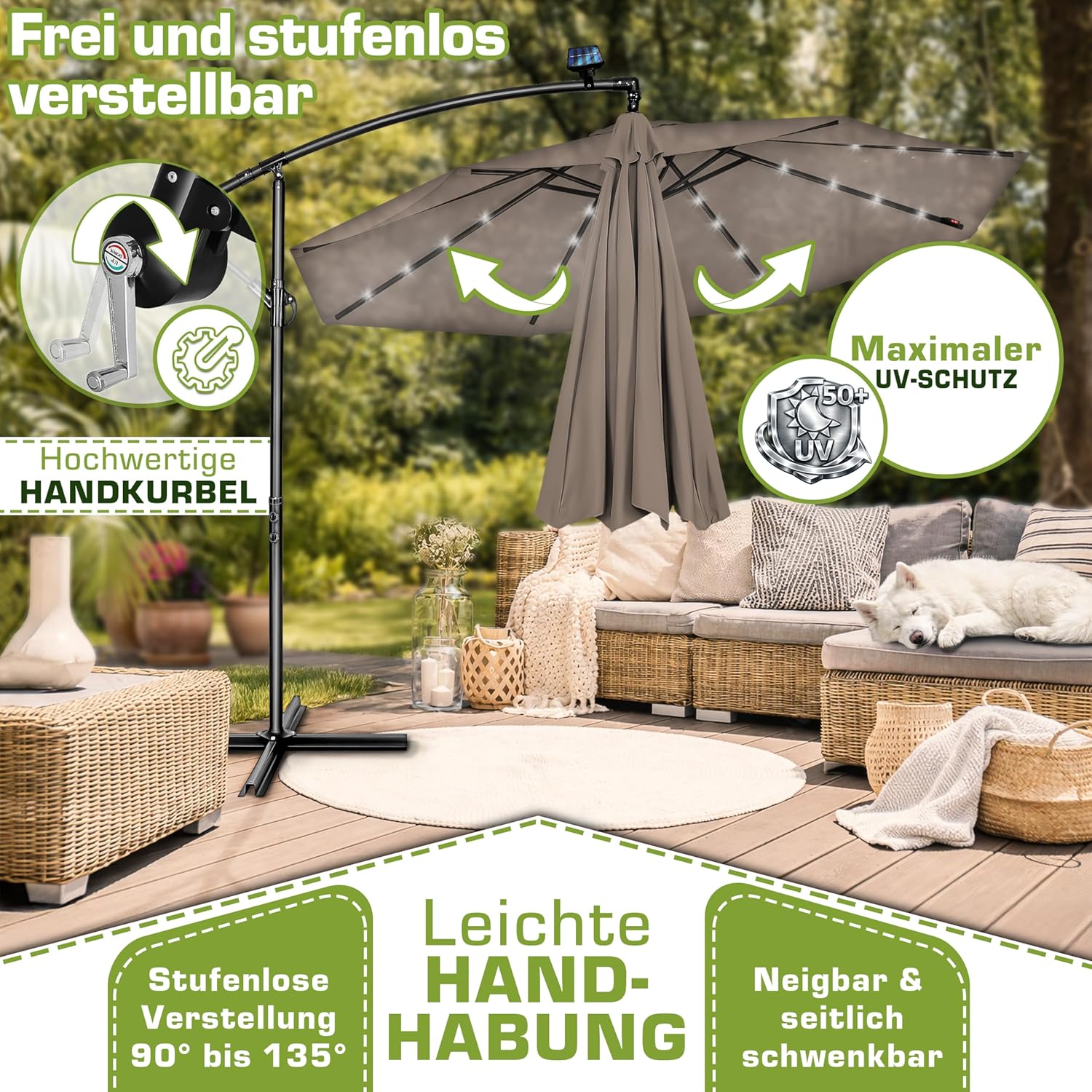 Thumbnail 2 de tillvex Alu Ampelschirm + Abdeckung LED Solar Ø 300 cm mit Kurbel – UV-Schutz, Windschutz und Beleuchtung