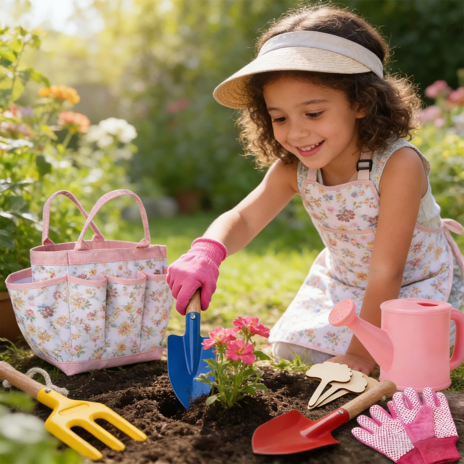 Detalle de Kids Gardening Tools Set Toddler Gardening Kit with Apron & Tote Bag, Shovel, Fork, Trowel and Gloves