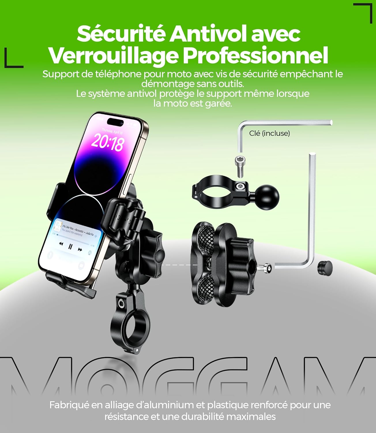 Thumbnail 5 de Support Téléphone Moto MOGGAM – fixation antivibration 360° en aluminium CNC pour smartphone 5,4–7,2 pouces