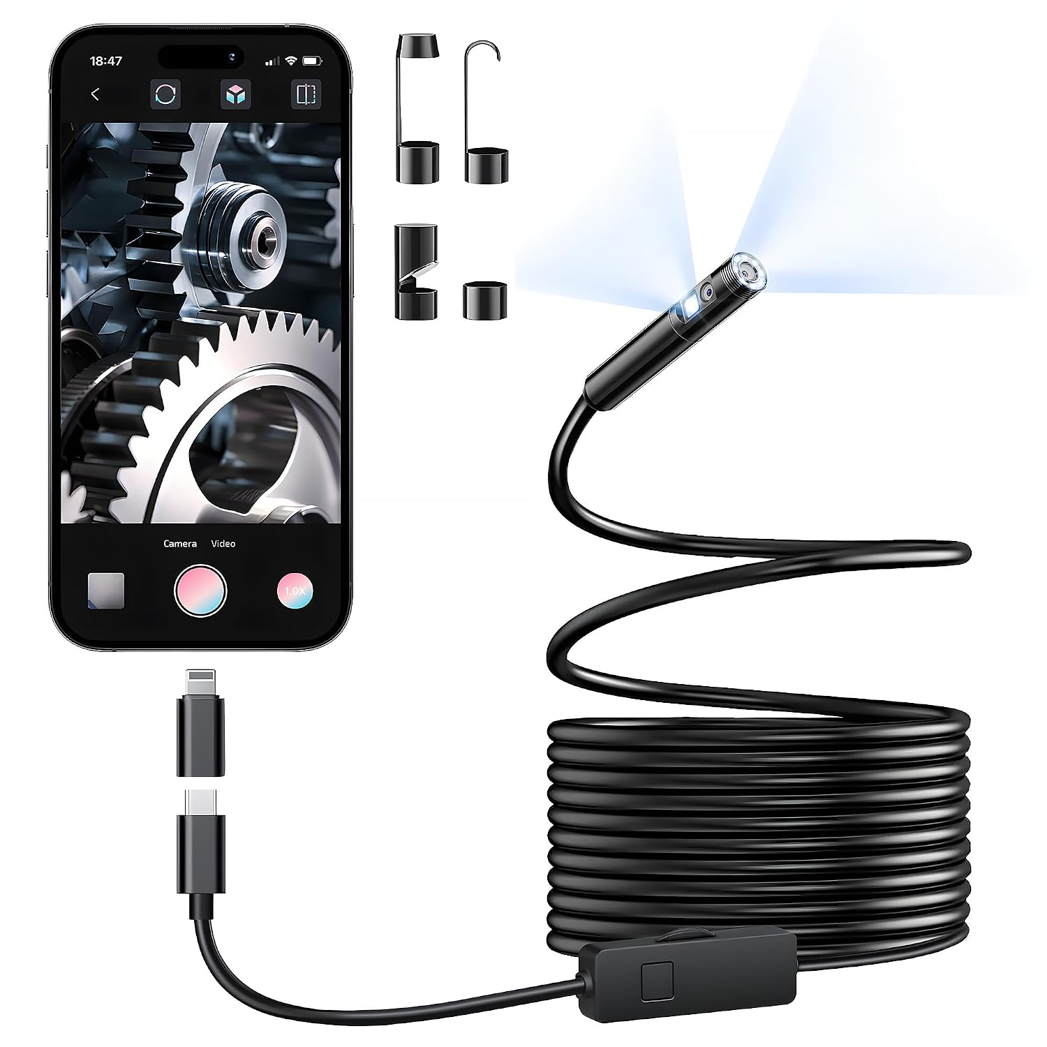 Detalle de Elecshion Dual-Lens Endoscope Camera, 1920P, 16.5FT Semi-Rigid Cable