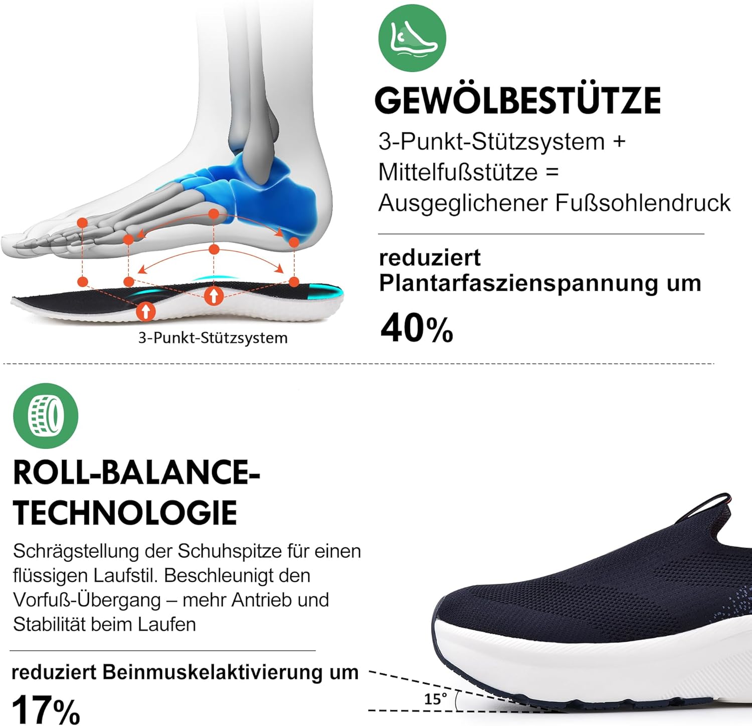Detalle de JACKSHIBO Hände frei Slip-in Herren Schuhe mit Weite Zehenbox, Fußgewölbestütze & Memory-Foam-Dämpfung