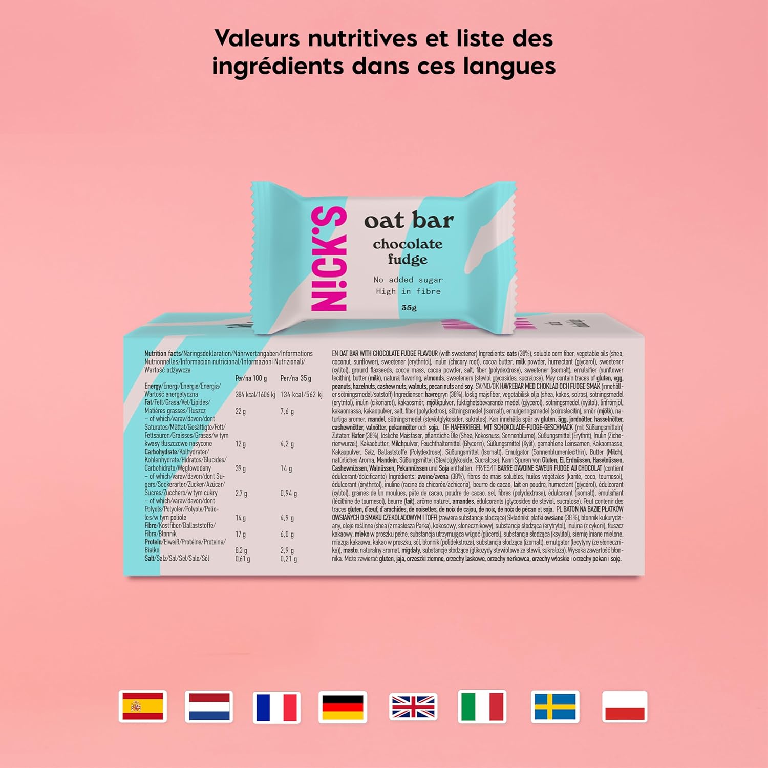 Thumbnail 6 de N!CK’S NICKS Barre d’avoine fudge au chocolat (flapjack) – sans sucre ajouté, riche en fibres – 12x35 g
