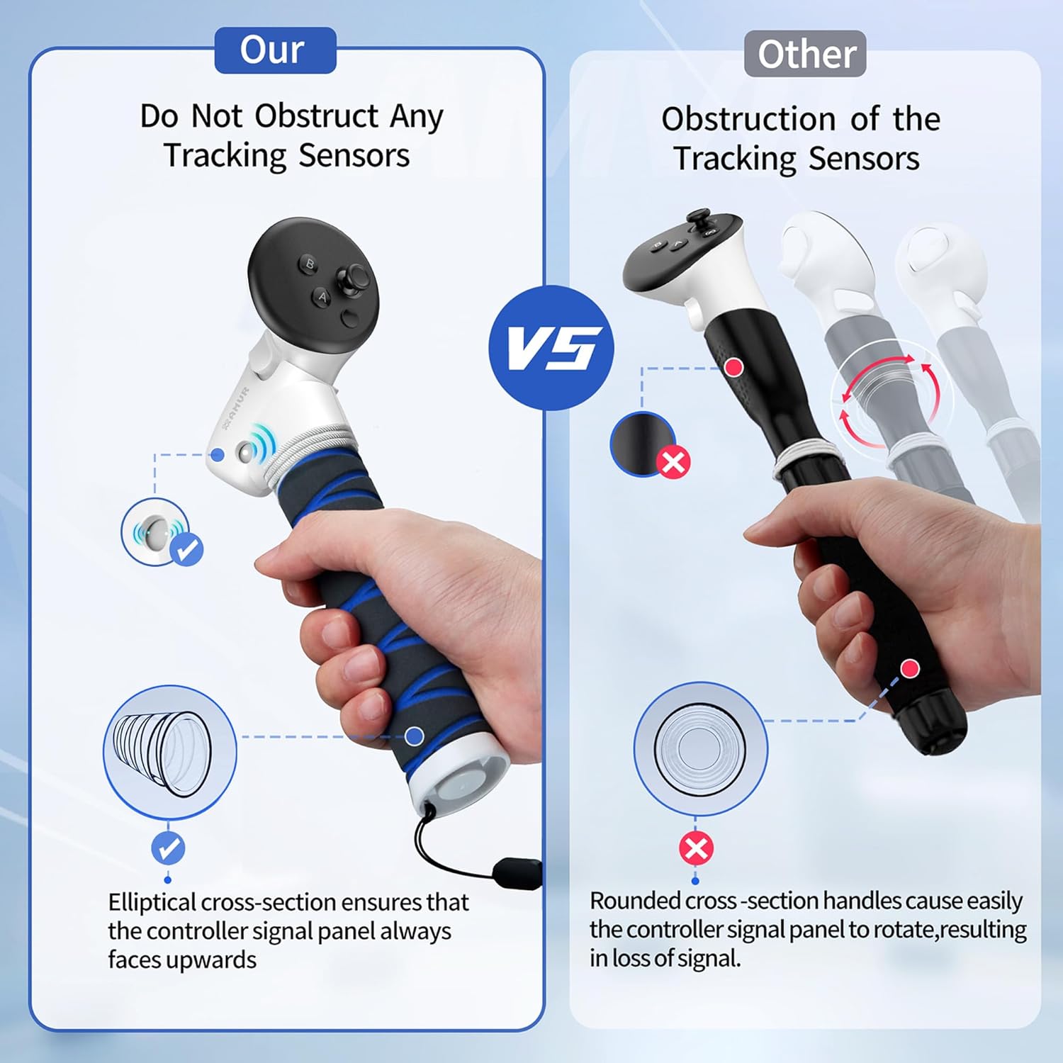 Detalle de AMVR Upgraded Handle Attachment for Meta/Oculus Quest 3S and Quest 3 controllers (3-in-1 long grips)