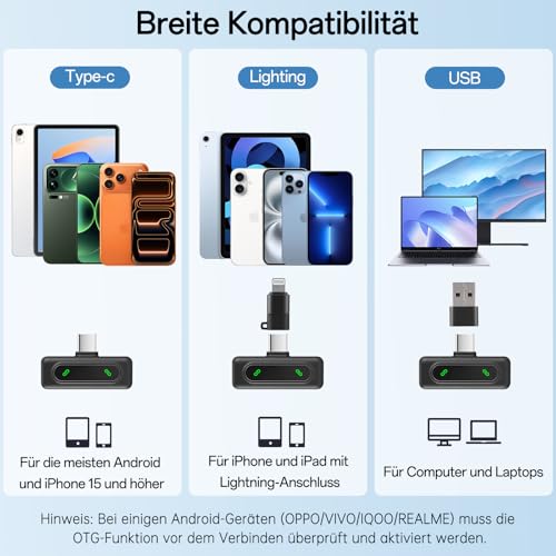 Thumbnail 4 de Koilboane MiniMikrofon für Handy mit Batterie-Display Lavalier Wireless Mikrofon – USB-/Lightning-Adapter inklusive