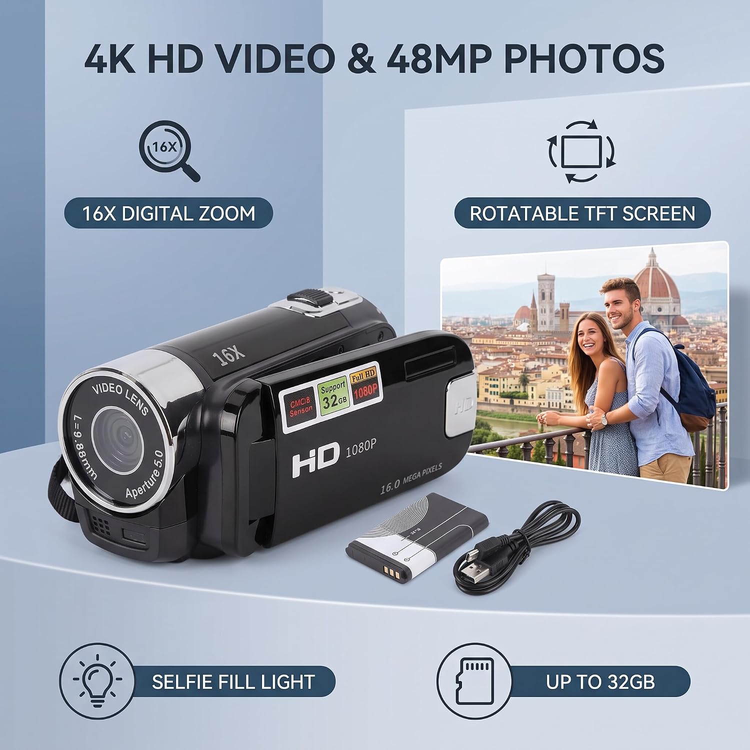Detalle 2 de Yosoo Health Gear 23gyq7n4z0-11 videocamera met 4K, 48 MP en draaibaar scherm