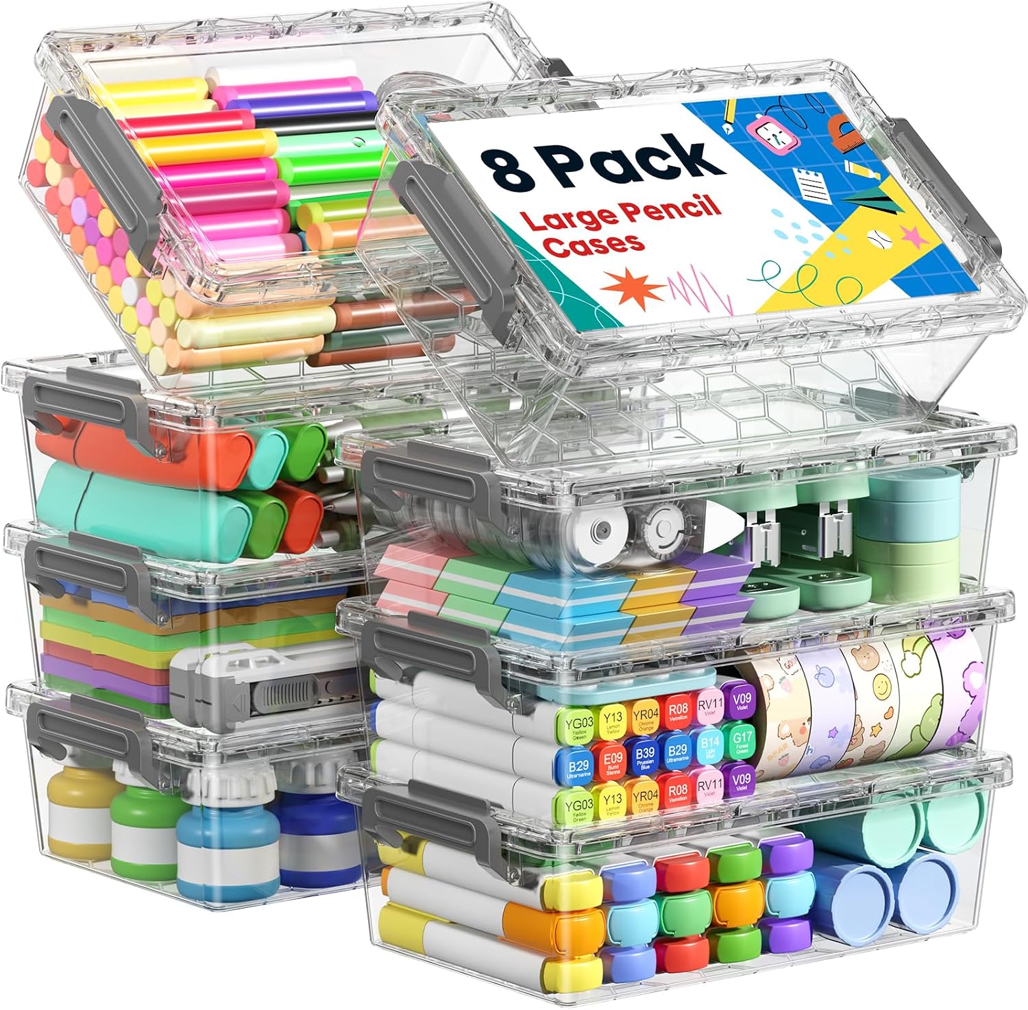 Detalle de BiuLeon U4 Pencil Box Set, 8-Pack Stackable Clear Plastic Organizers