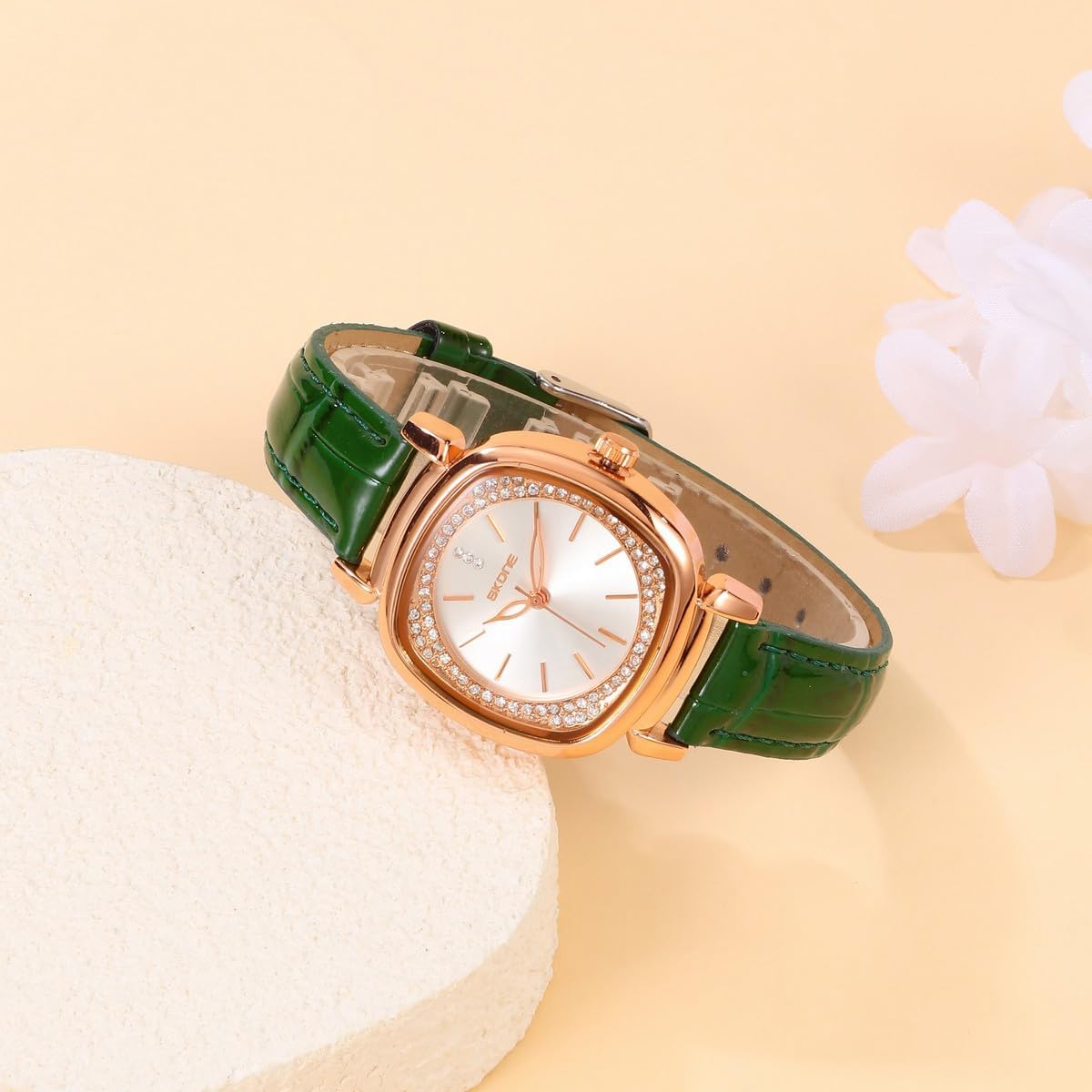 Detalle de JSDDE Damen Armbanduhr mit Lederarmband – Elegant, Roségold Gehäuse, Quarzwerk