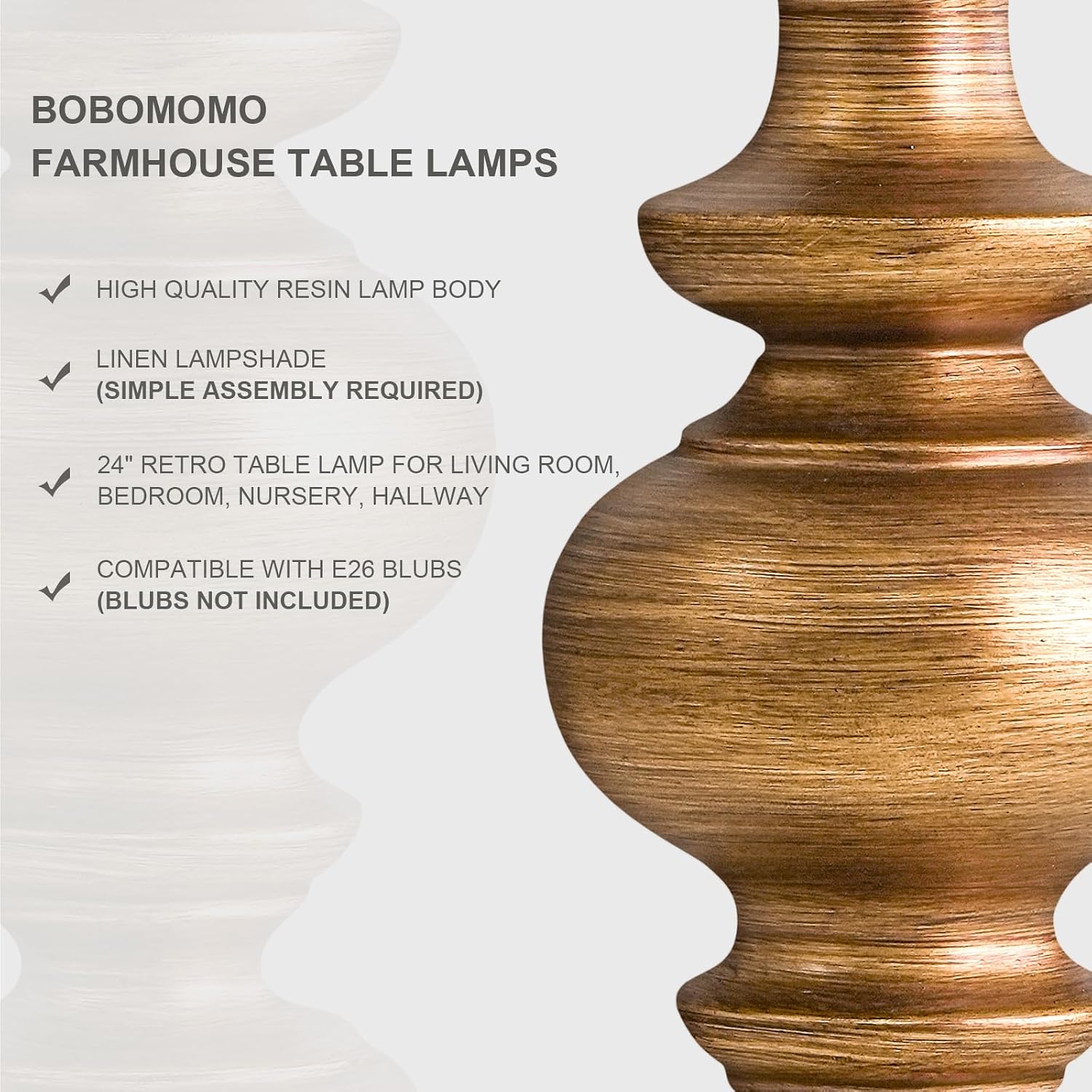 Detalle 2 de BOBOMOMO AMZ-T2026M-AGL Table Lamps, Set of 2, 24-Inch Antique Gold, Linen Shades