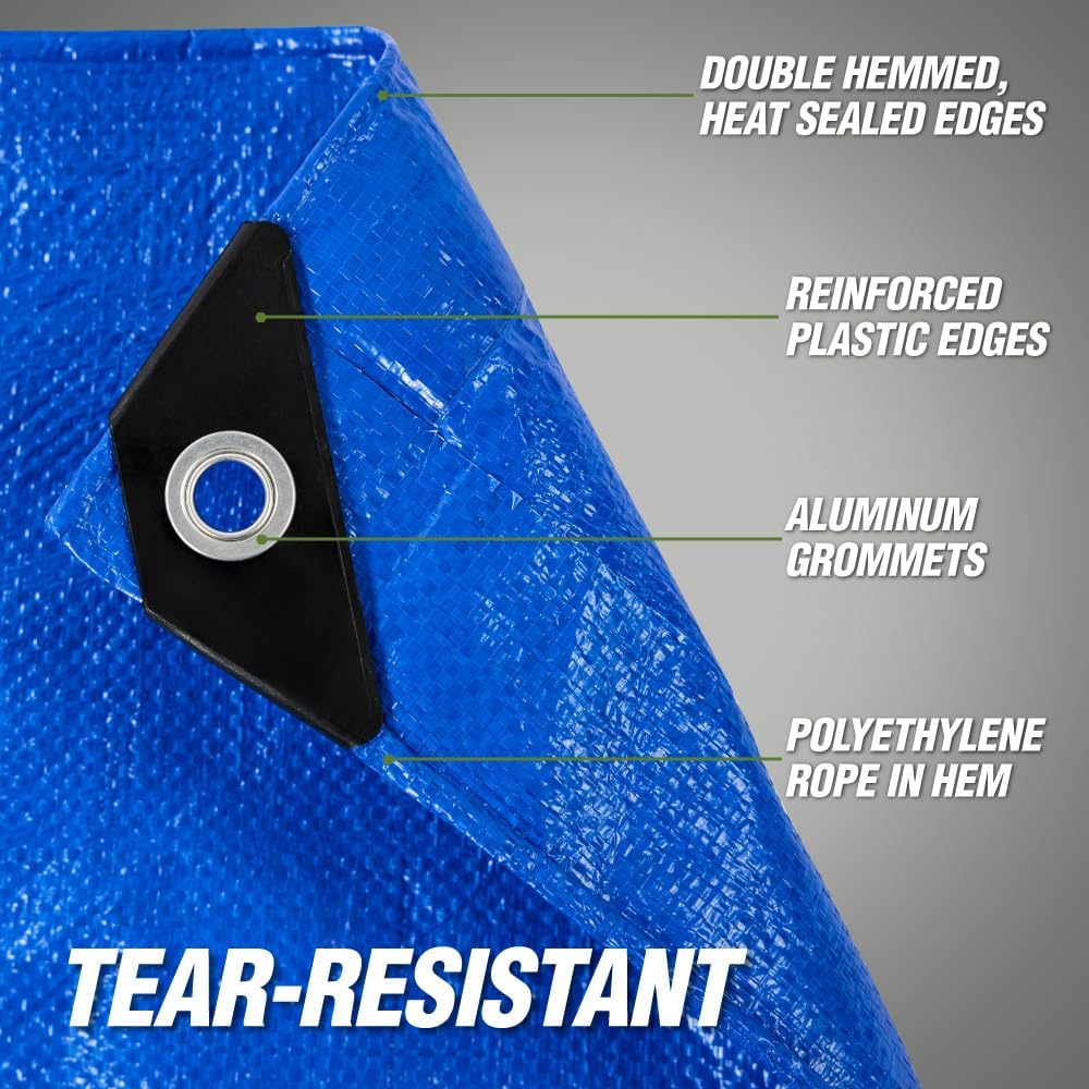 Detalle de RUGGED RHINO Heavy Duty Waterproof Tarp (10x10 ft, 5 Mil, Blue) with Reinforced Grommets & Corners