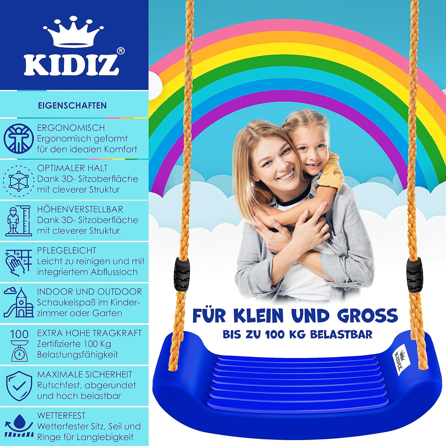 Thumbnail 1 de KIDIZ Schaukel Garten Kinderschaukel Set (Outdoor & Indoor) – höhenverstellbar, rutschfest, Schaukelbrett für Kinder