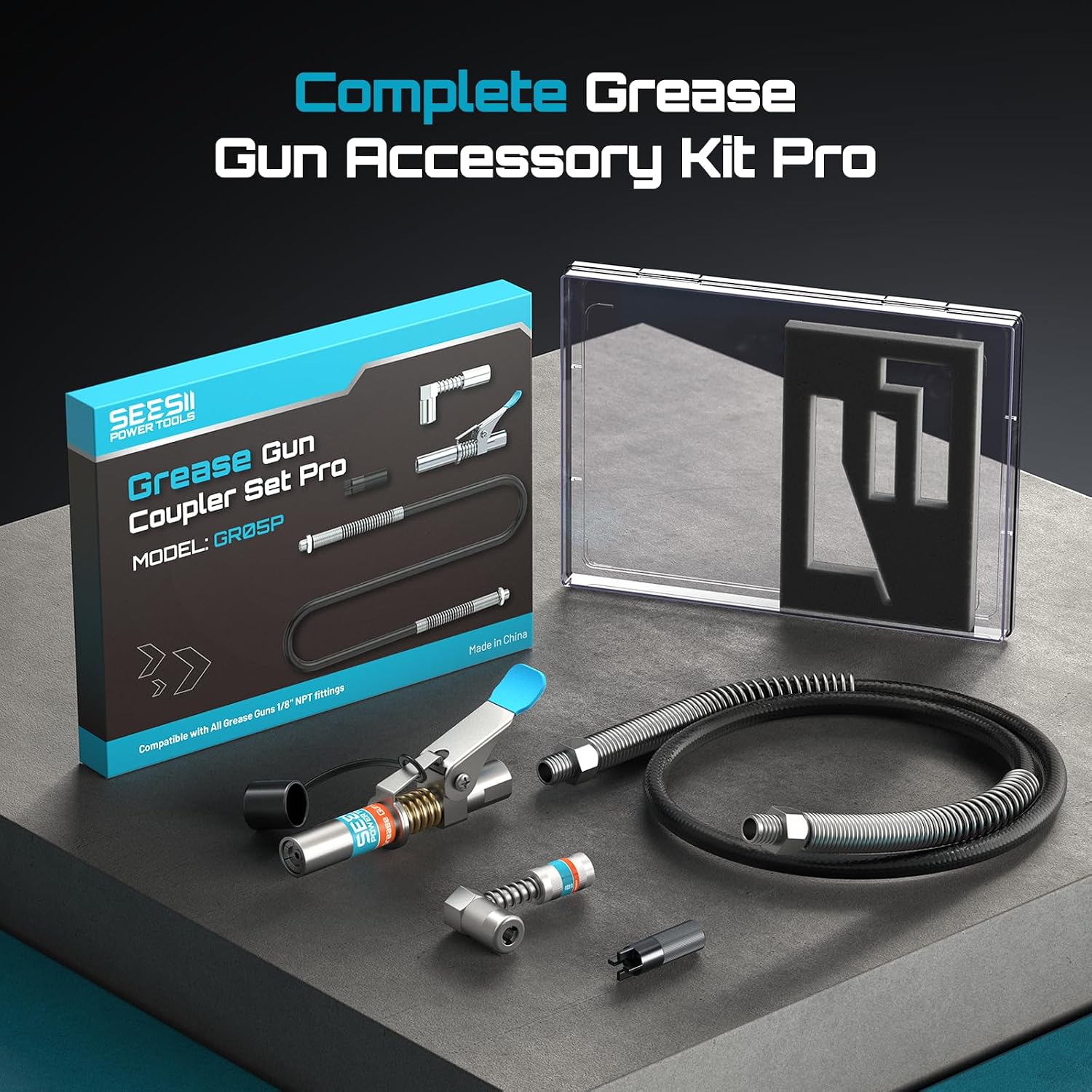 Detalle 2 de Seesii Grease Gun Accessory Kit Pro (GR05P) — 12000 PSI Quick-Release, 90° Adapter, 39.4" Dual-Spring Hose