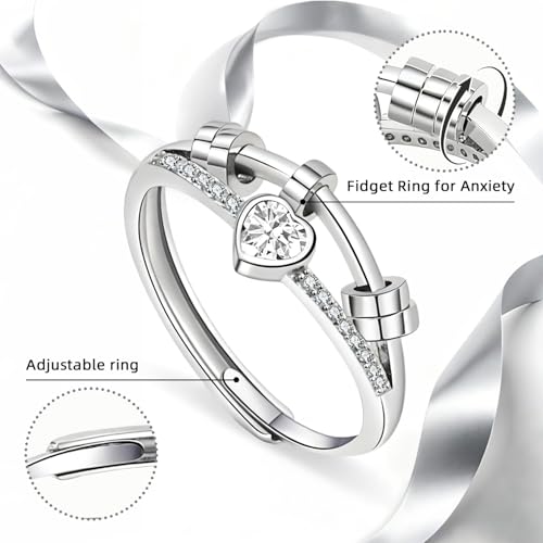 Detalle 2 de GAZIL Bague Fidget Double Couche Réglable – Anneau Anti-anxiété Argent et Zirconium (Blanc)
