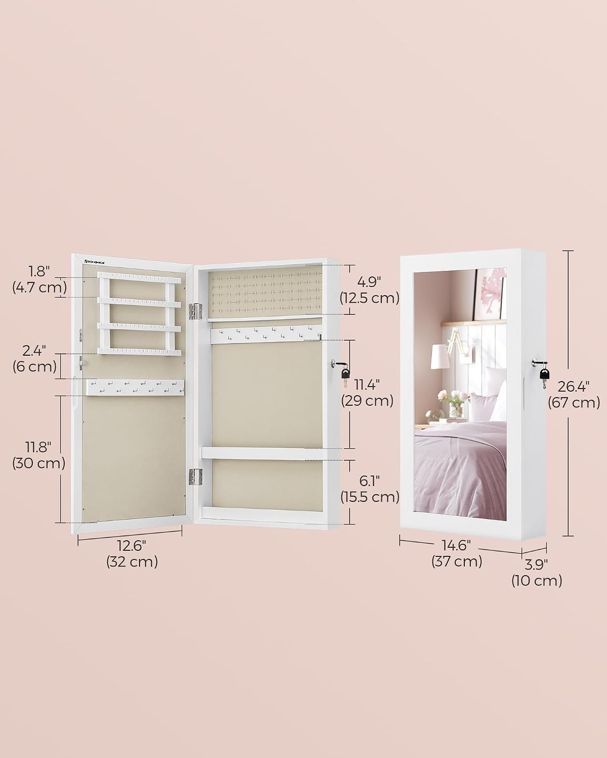 Detalle 1 de SONGMICS JJC051W02 wall-mounted jewellery cabinet with mirror and lock