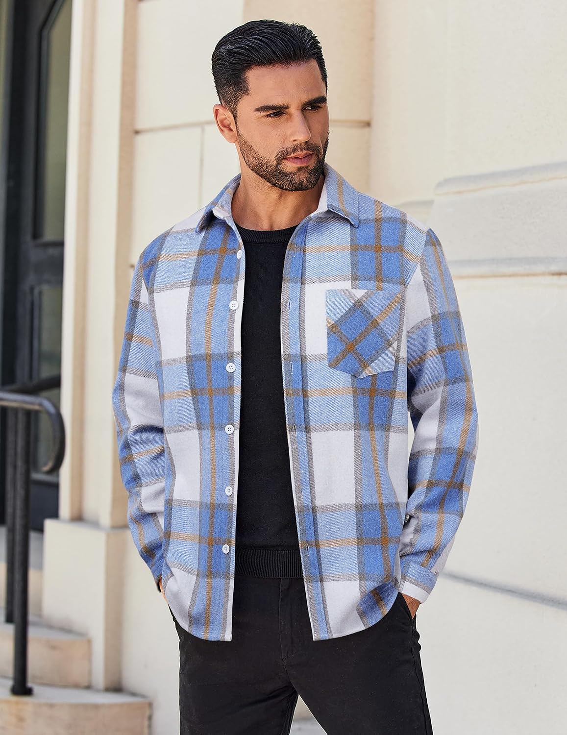 Detalle de COOFANDY Men's Lightweight Plaid Flannel Shirt Jacket, Long Sleeve