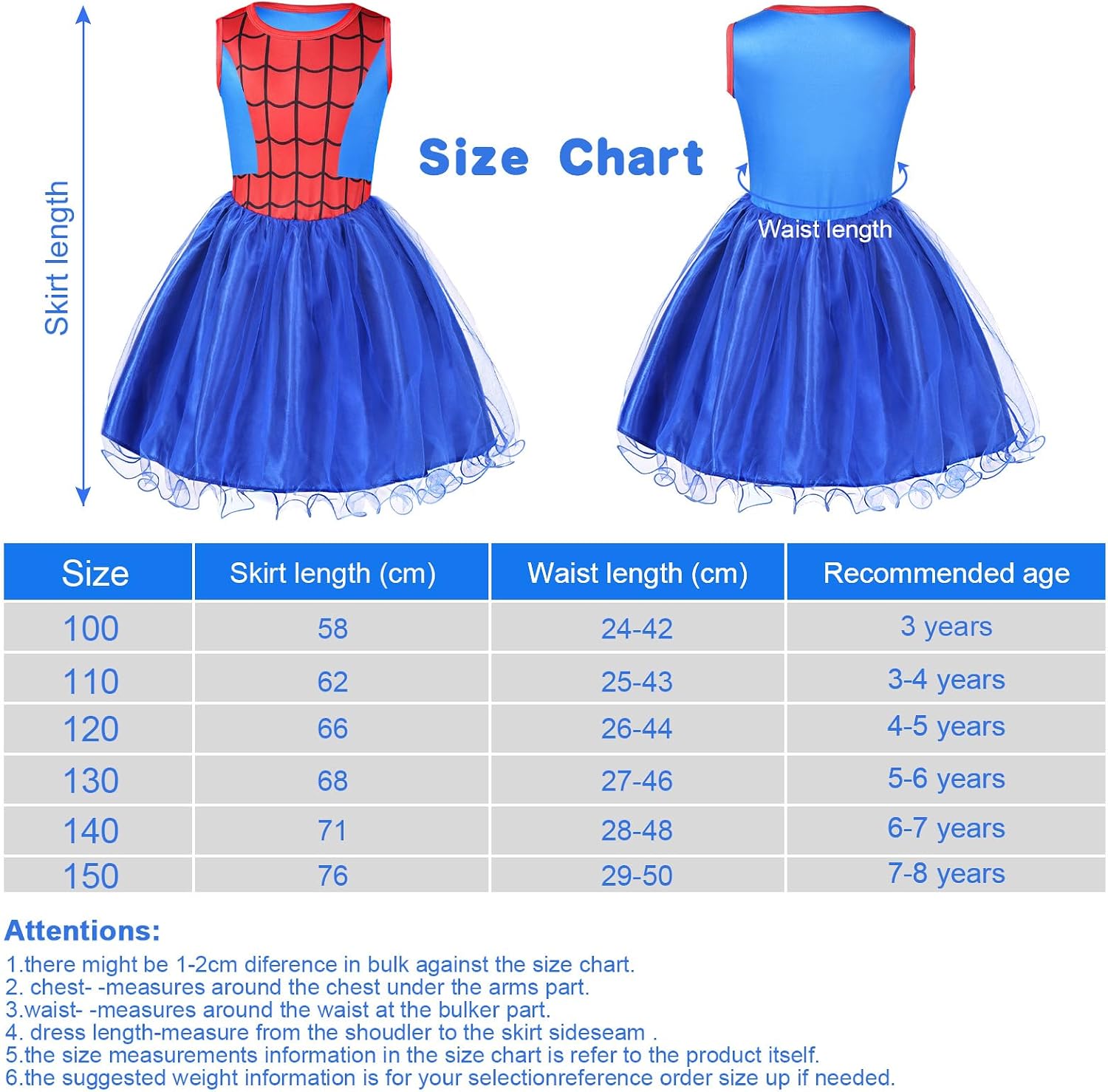 Detalle de Aomig Costume Supereroe Bambina: vestito Spider con maschere per Halloween, Carnevale e feste (Blu) 130CM