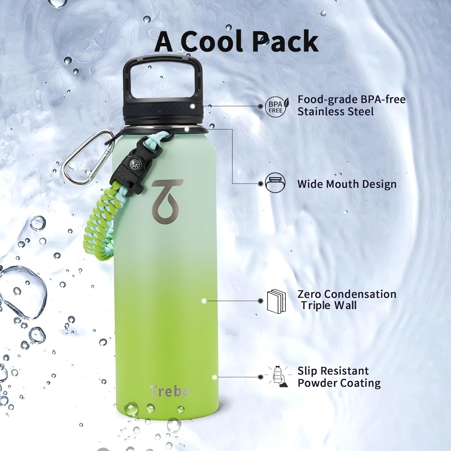 Detalle 2 de Trebo 40oz Insulated Water Bottle with 3 Lids – Dark Green