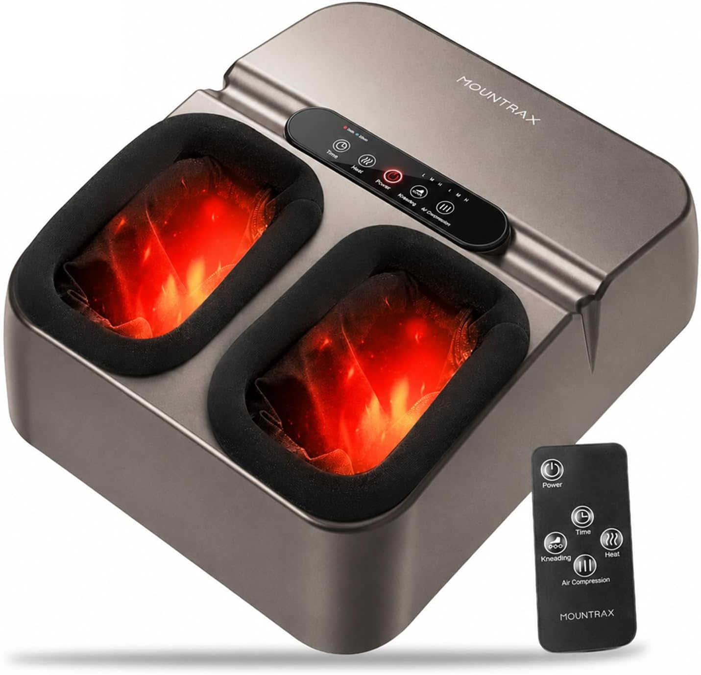 Detalle de MOUNTRAX voetmassageapparaat met warmte, shiatsu en luchtcompressie