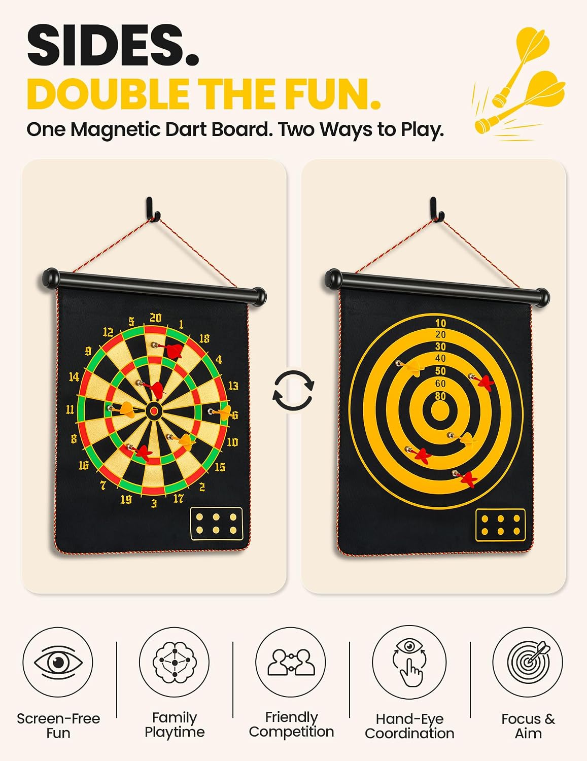 Detalle 2 de BATURU RBE10036 Magnetic Dart Board, Double-Sided Game for Kids and Families