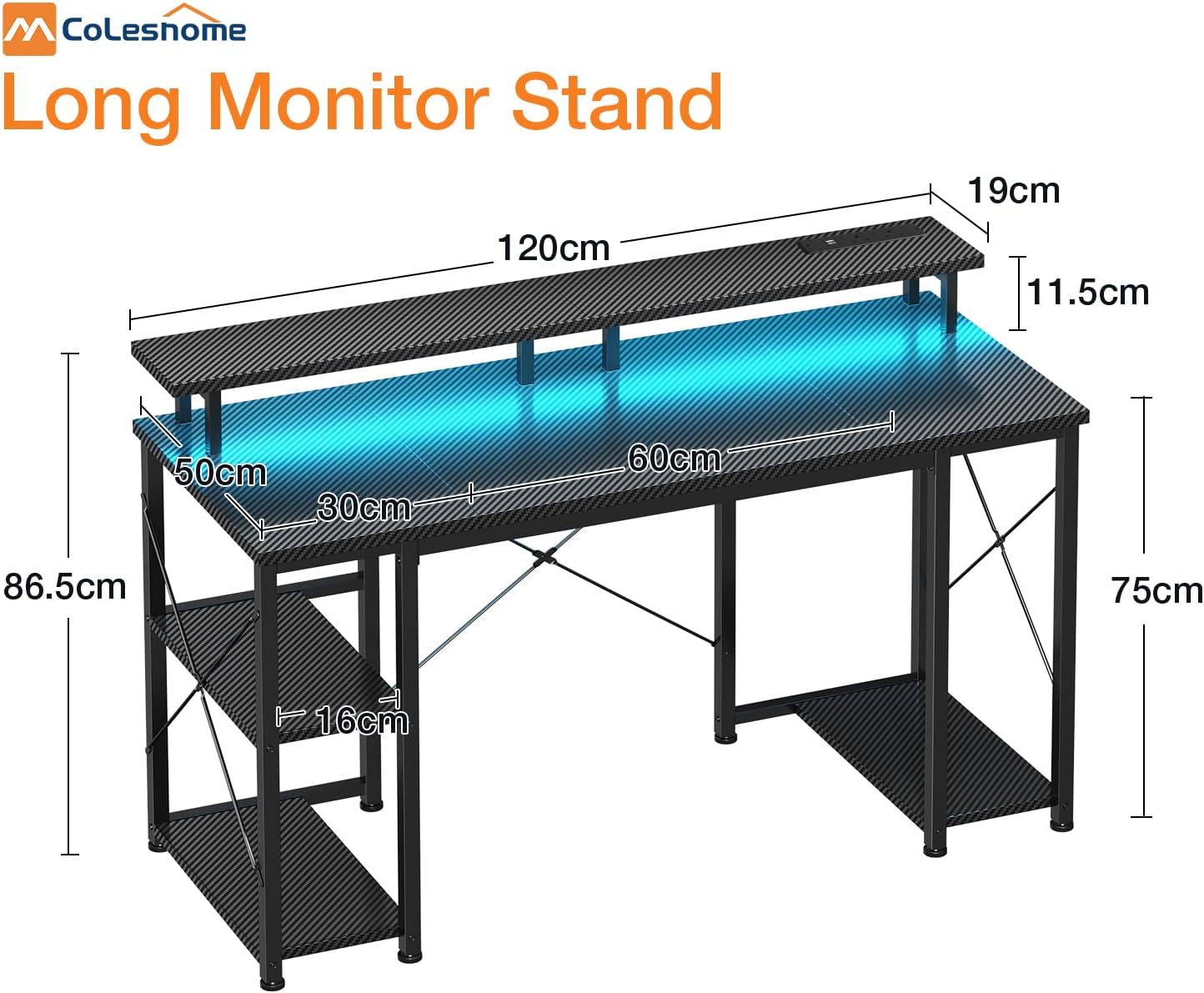 Thumbnail 2 de Coleshome Gaming Desk with LED Lights (120x50 cm): Compact, multi‑functional setup