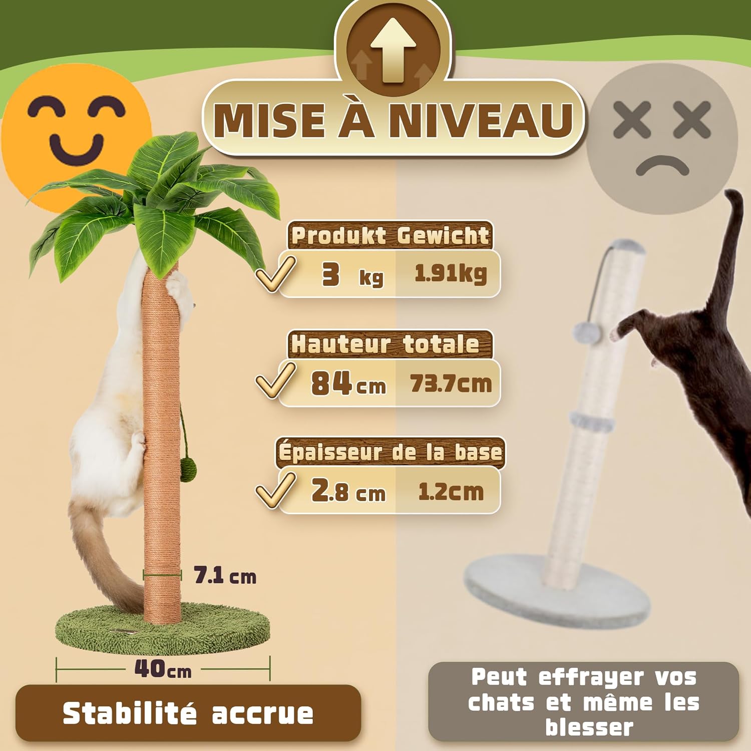 Thumbnail 4 de Meowoou Griffoir pour chat d’intérieur 84 cm avec corde en sisal et balle suspendue