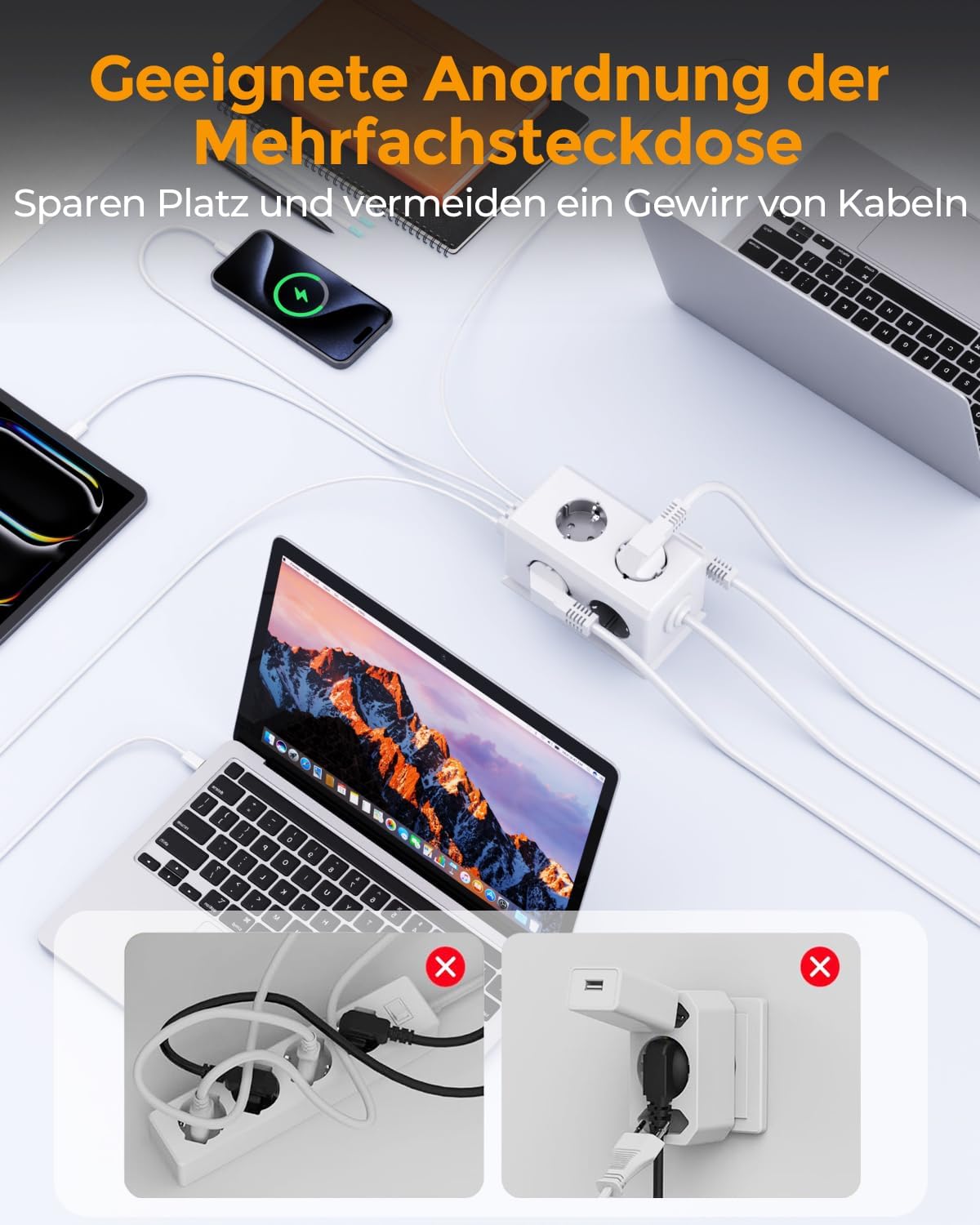 Detalle 2 de Mehrfachsteckdose mit USB – 6-fach, Wandmontage, 3680 W, 1,8 m Kabel, Überspannungsschutz