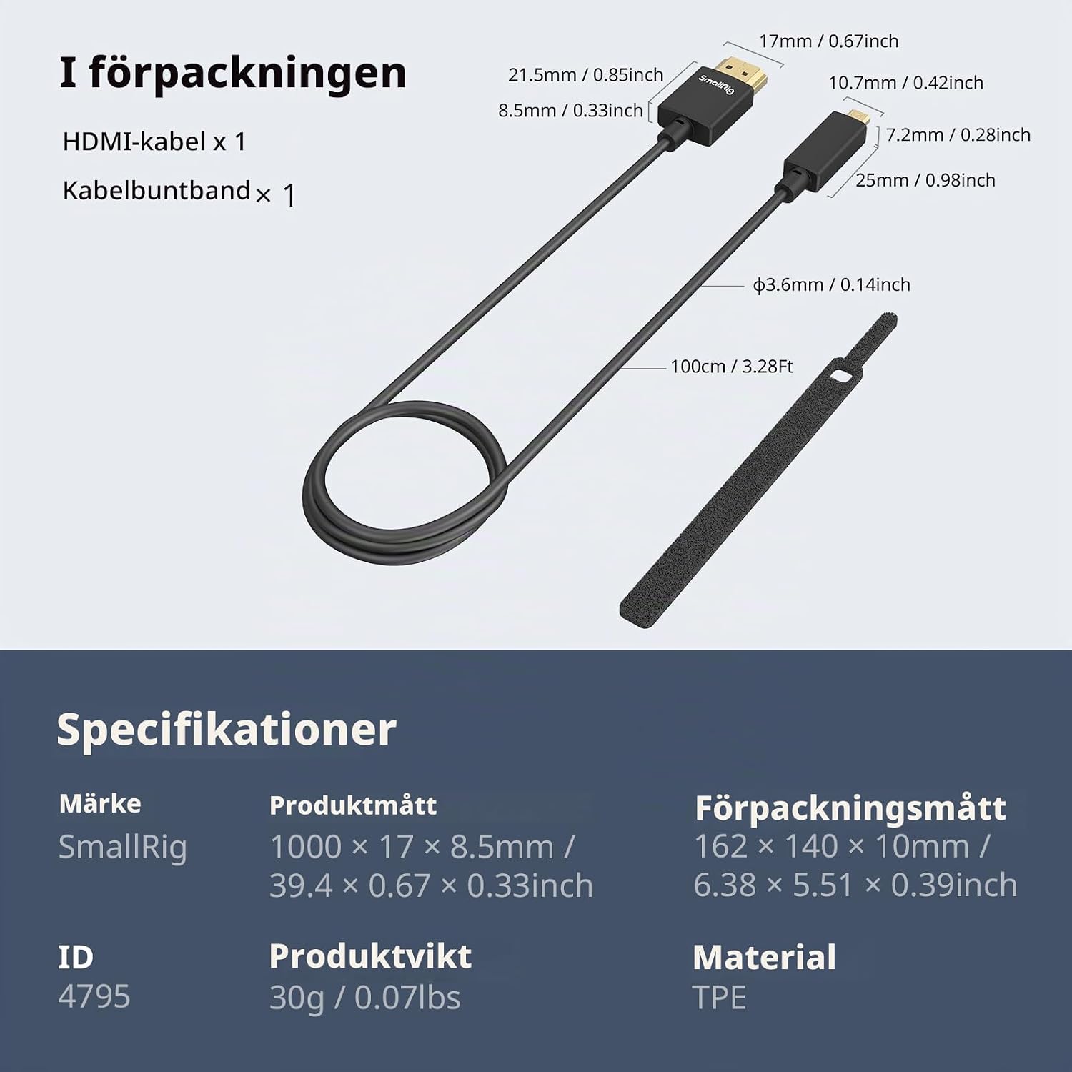 Detalle de SMALLRIG 4795 HDMI-kabel, Micro HDMI till HDMI, 100 cm, 4K 60 Hz