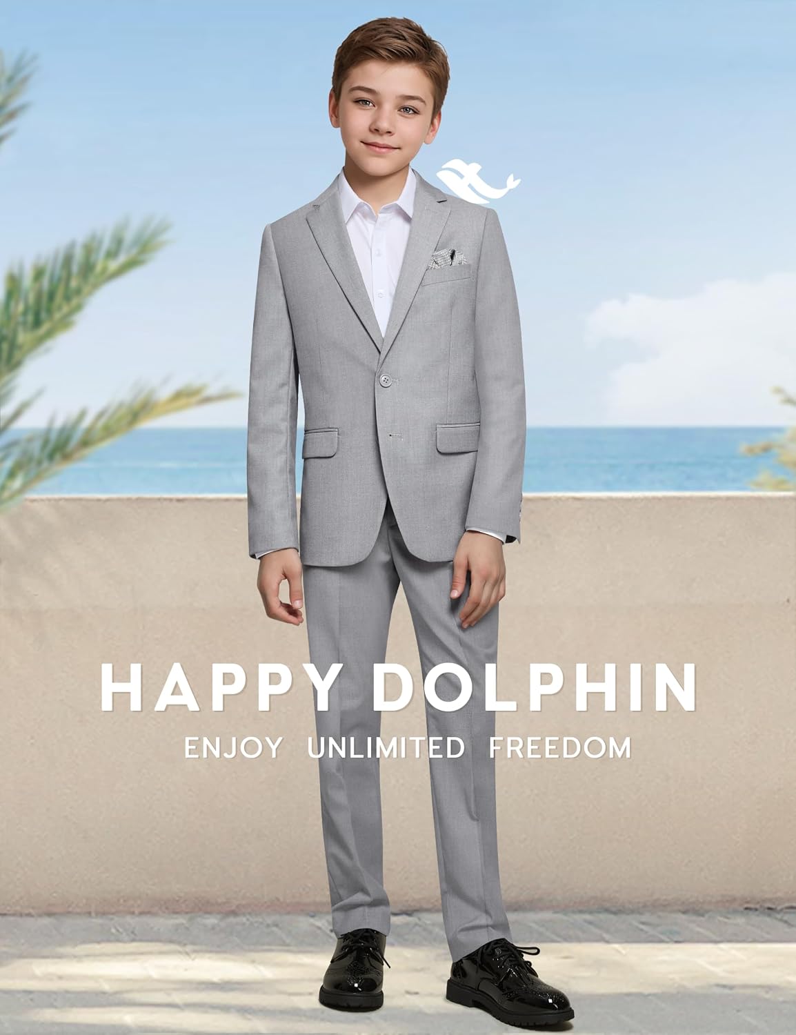 Detalle de Happy Dolphin Boys’ Formal Suit Set with Adjustable Waist for Weddings