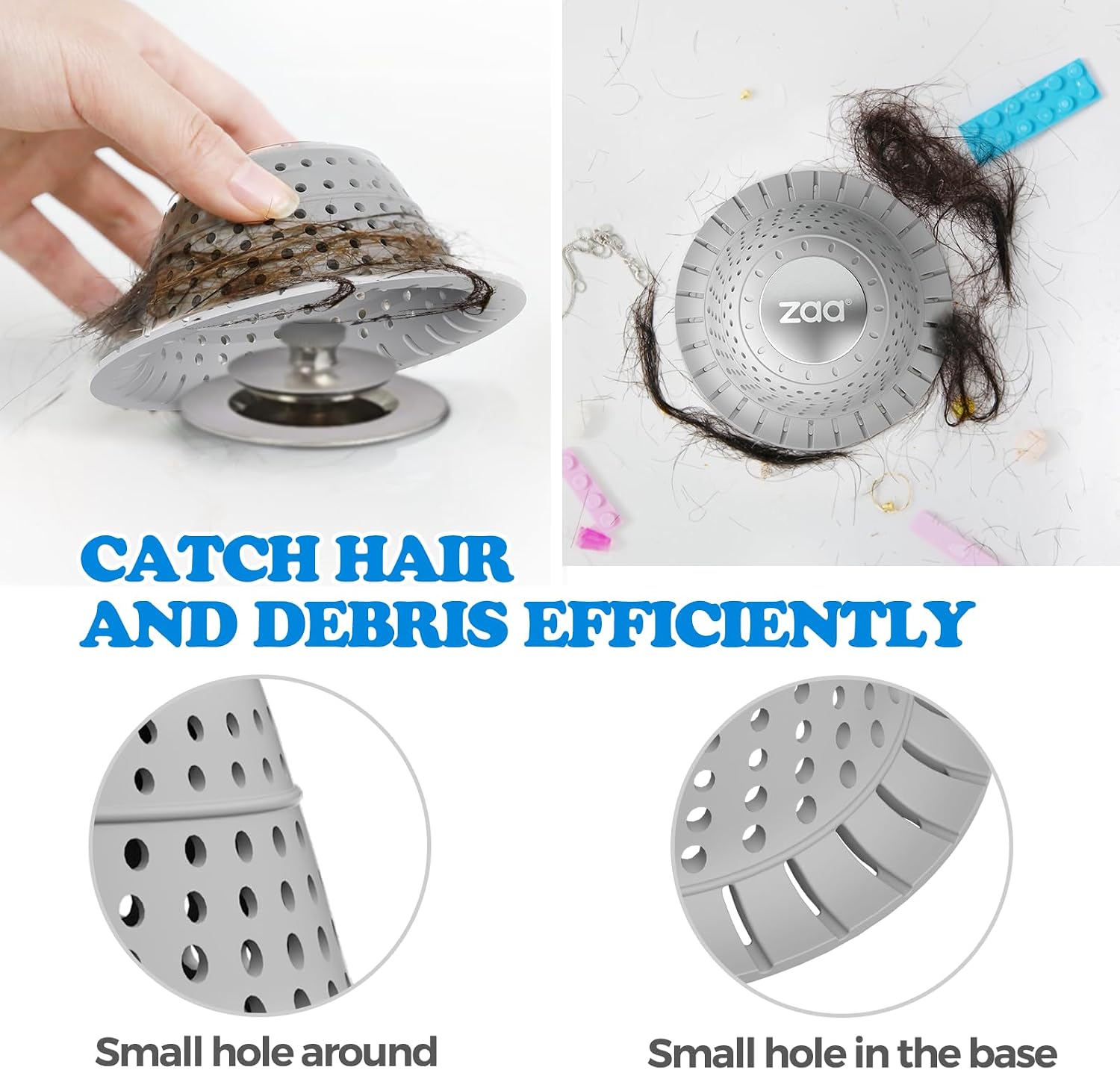 Detalle 2 de zaa CA-DPT-1P-G-0221 Collapsible Silicone Bathtub Drain Hair Catcher, Light Grey