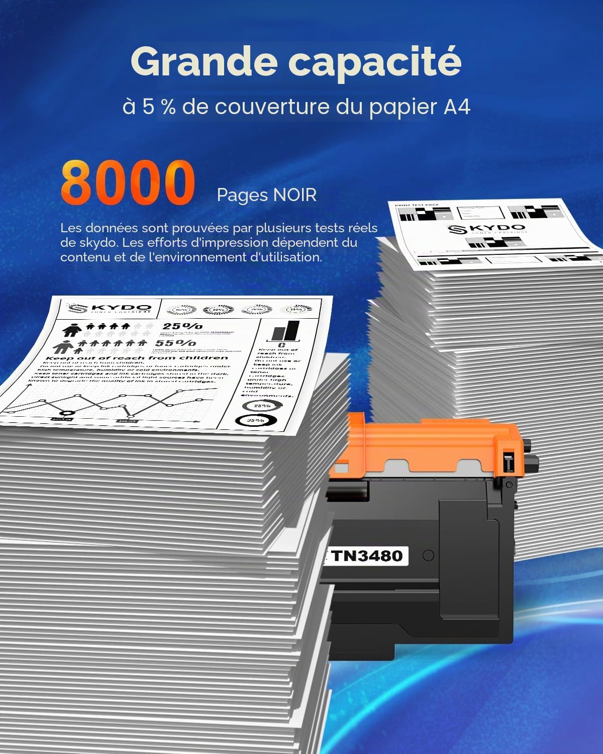 Detalle de Skydo TN3480 Cartouche de Toner – 2 Noir avec Dernier Chip, Compatible Brother TN 3480/TN3430 pour HL-L5100DN, MFC-L5750DW et autres