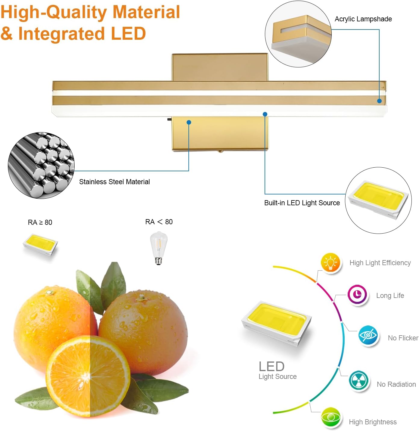 Detalle 2 de SineRise 603903aa-3e15-4b13-a5d6-2ffb60285ba0 16-Inch LED Vanity Light, Dimmable, Gold