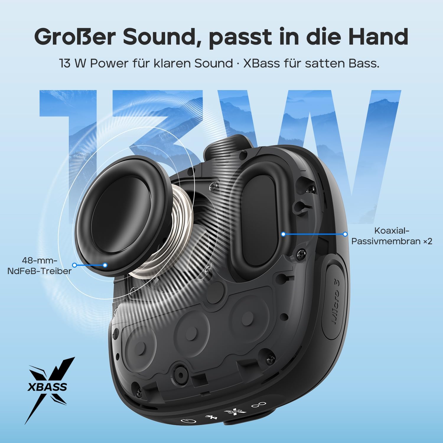 Detalle de Tribit StormBox Micro 3: kompakter Bluetooth-Lautsprecher mit XBass, IP68 und 24 Stunden Laufzeit