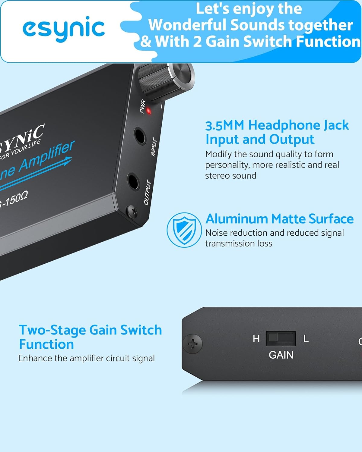 Detalle 2 de eSynic Portable 3.5mm Rechargeable Headphone Amplifier with Two-stage Gain Switch