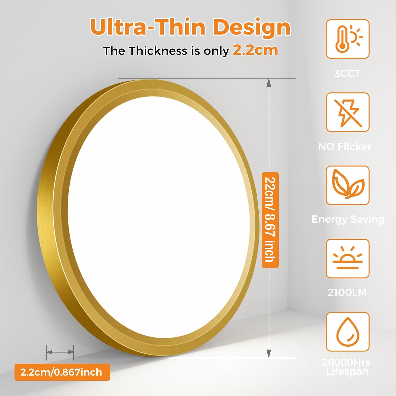 Detalle de slochi Bathroom Light: 3‑in‑1 Colour Temperature, 18W, 22cm Round Flush Ceiling Light (Gold)